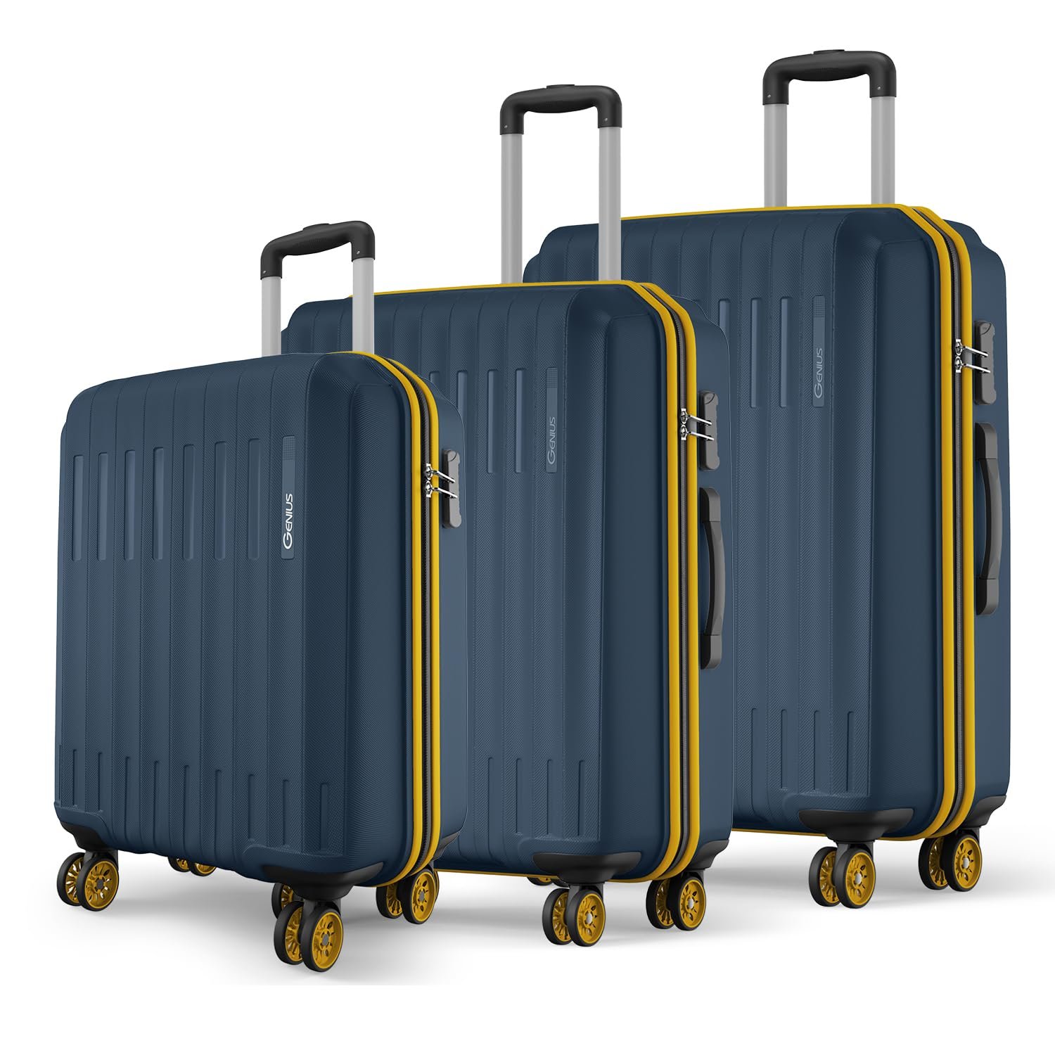 Safari Genius Alley Set of 3 (Cabin+ Medium + Large) Trolley Bags Hard Case Polypropylene, 4 Wheels, 360 Degree Wheeling Luggage, Travel Bag, Suitcase for Travel, Trolley Bags for Travel, Navy