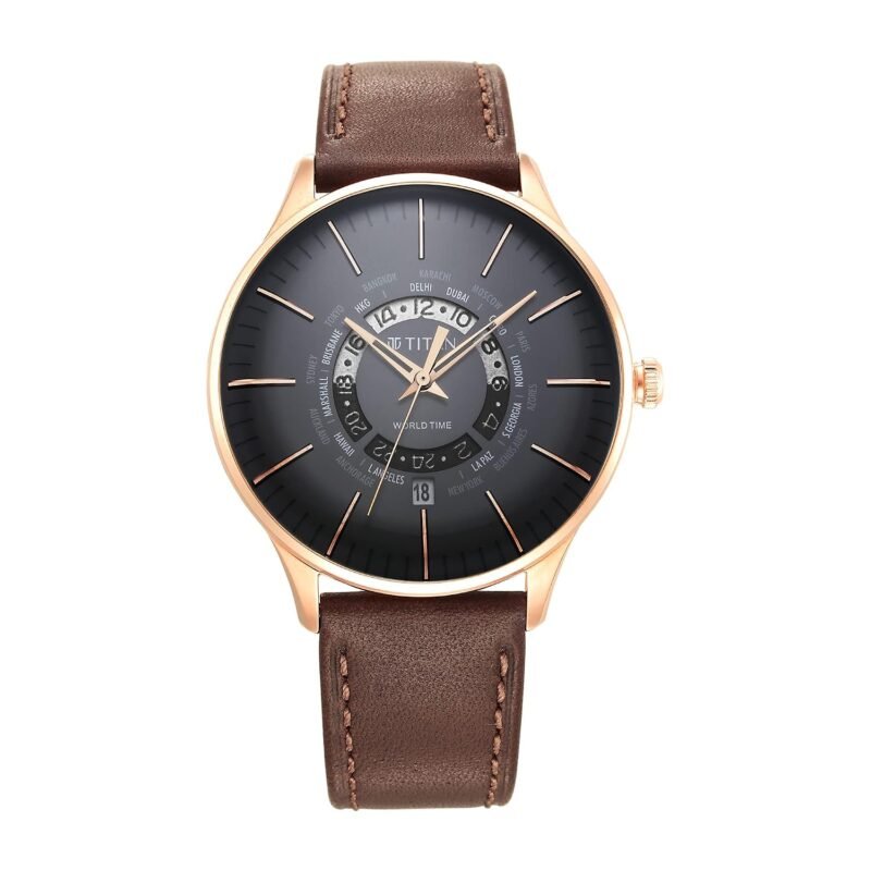 Titan World Time Quartz Analog with Date Black Dial Brown Leather Strap Watch for Men - NT90145WL01