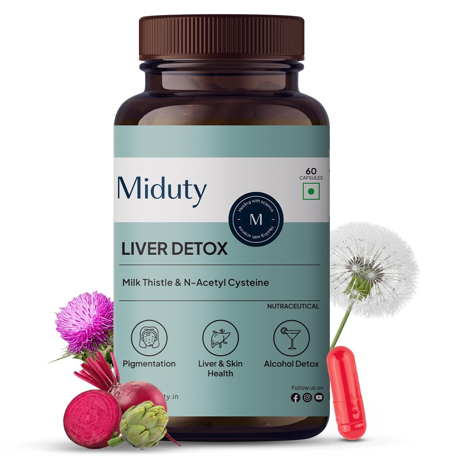Miduty Liver Detox Supplement Milk Thistle with N-Acetyl Cysteine 900 mg | Natural Body Detox & Digestive Enzymes - Fatty Liver Care | Natural Detoxification Formula - 60 Veg Capsules