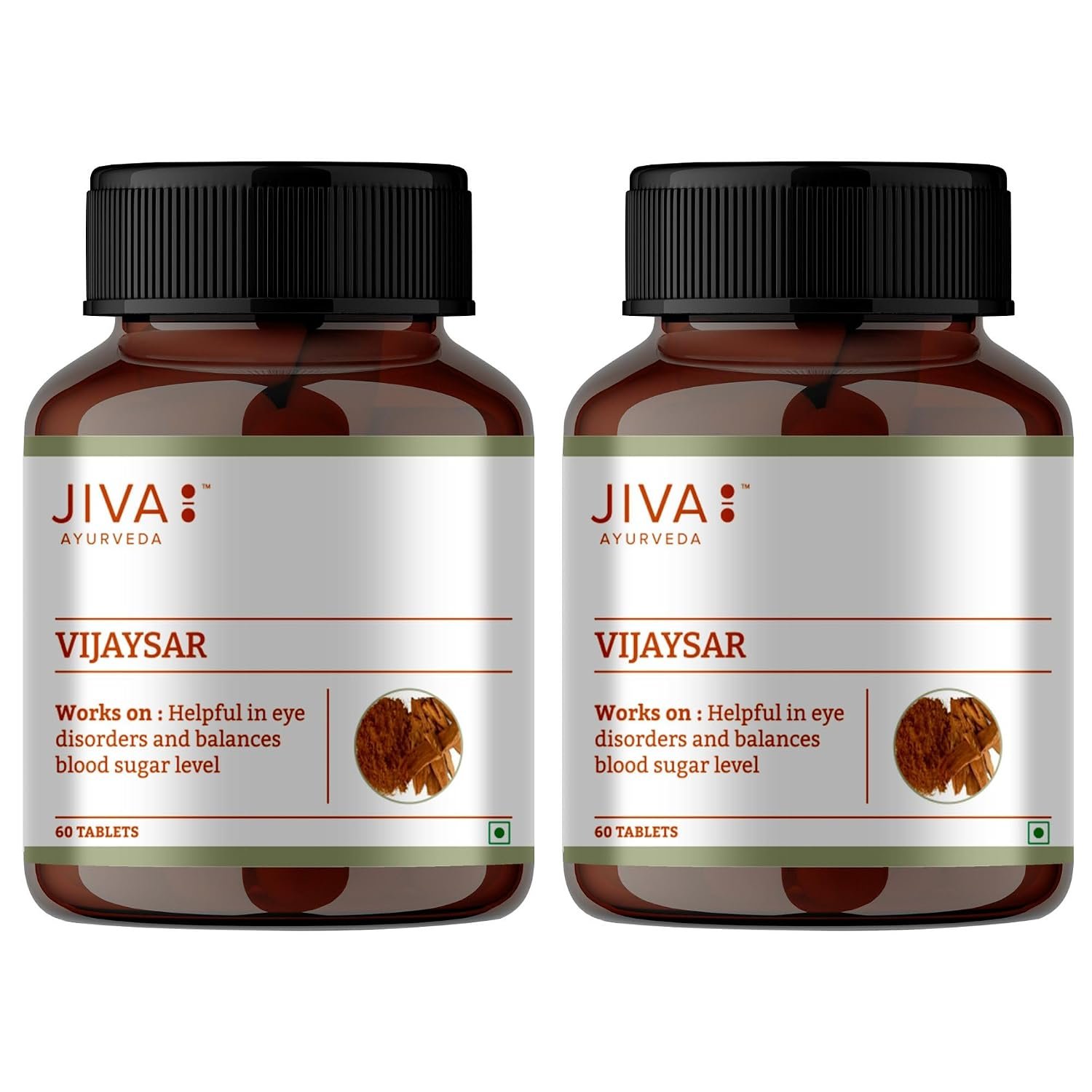 Jiva Vijaysar Tablets | Supports Blood Sugar Control | Enhances Digestive Health | 100% Natural Ayurvedic Herb Good For Diabetes - 60 Tablets (Pack of 2)