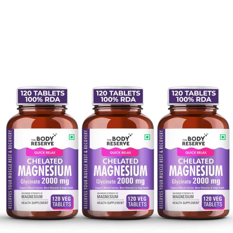 The Body Reserve Magnesium Glycinate Supplement 120 Veg Tablets, 2000mg Per Serving, High Absorption Chelated Form, helpful in Muscle & Nerve Relaxation, Better Sleep Quality for Men, Women, Pack of 3