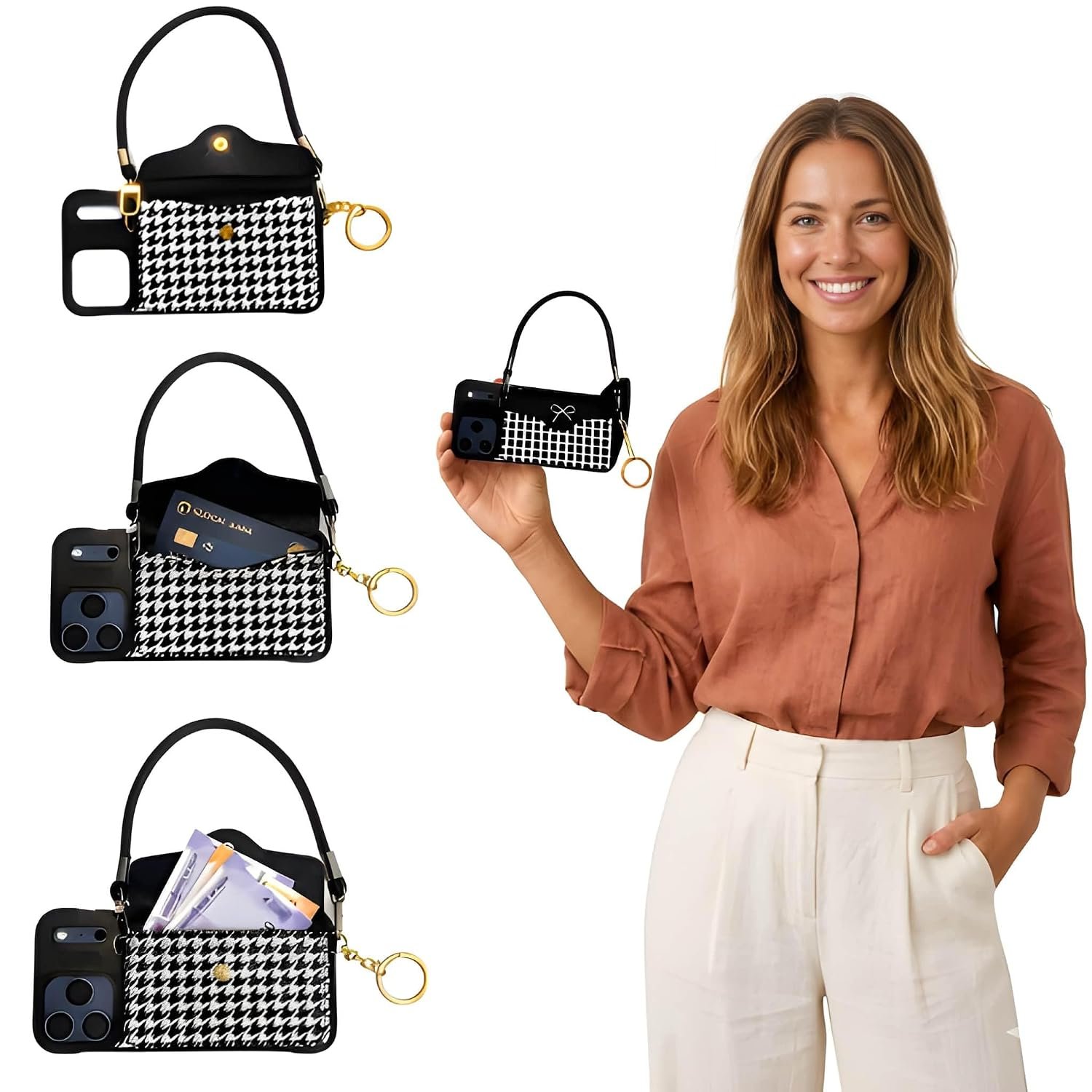 Phone Cover Crossbody Bag, I Phone 17 Cover Houndstooth Mini Purse with Card Holder Strap, Fashion for and I Phone 17 Pro Max Case | Black