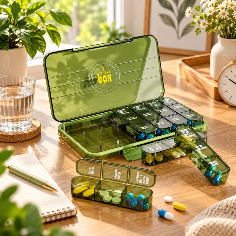 Medicine Organizer 7 Day Pill Holder With Separate AM Noon Night Compartments, Large Capacity Weekly Medication Storage Box with Removable Containers for Tablets, Capsules, Portable Travel Case