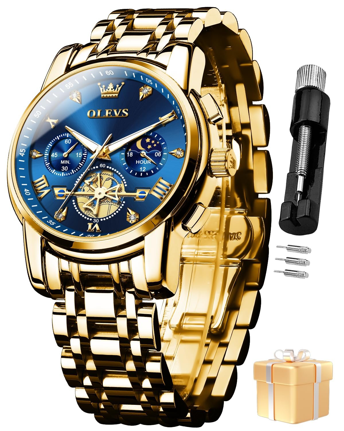 OLEVS Watch for Man Analog Quartz Chronograph Watch Luxury Skeleton 3ATM Waterproof Moon Phase Stainless Steel Original Mens Branded Watches