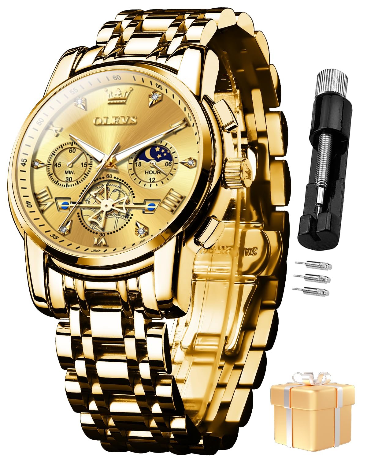 OLEVS Watch for Man Analog Quartz Chronograph Watch Luxury Skeleton 3ATM Waterproof Moon Phase Stainless Steel Original Mens Branded Watches