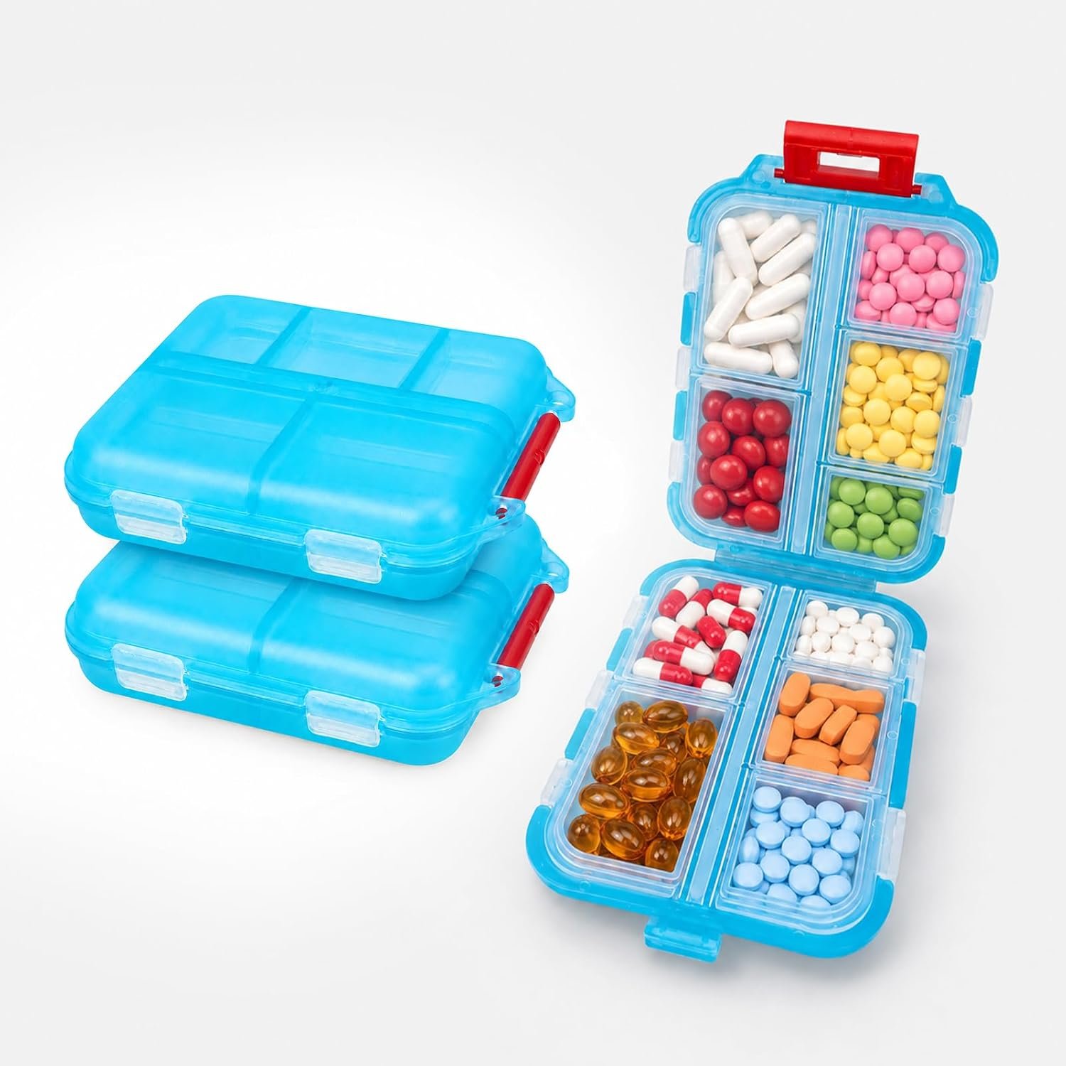 Solitude Pack of 2 Pill Box with 10 Compartments Each | Medicine Box for Travel, Small Portable Pill Organizer | Tablet Box for Medicine, Vitamins & Supplements (Light Blue)