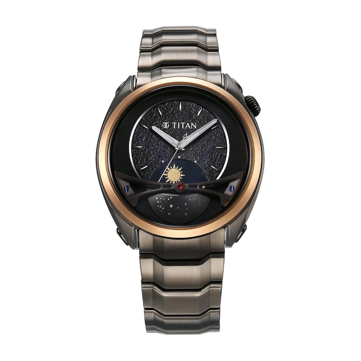 Titan Stellar Quartz Multifunction Black Dial Metallic Grey Stainless Steel Strap Watch for Men - NT10010KM01
