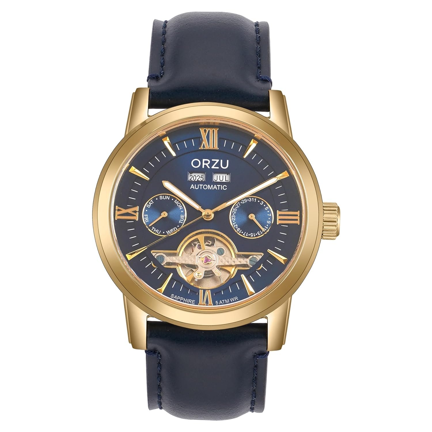 ORZU Men's Automatic Watch | Multifunction Day-Date-Month-Year Movement | Sapphire Crystal Glass | Stainless Steel Case | Genuine Leather Strap | Water Resistant Analog Watch (MT60003)