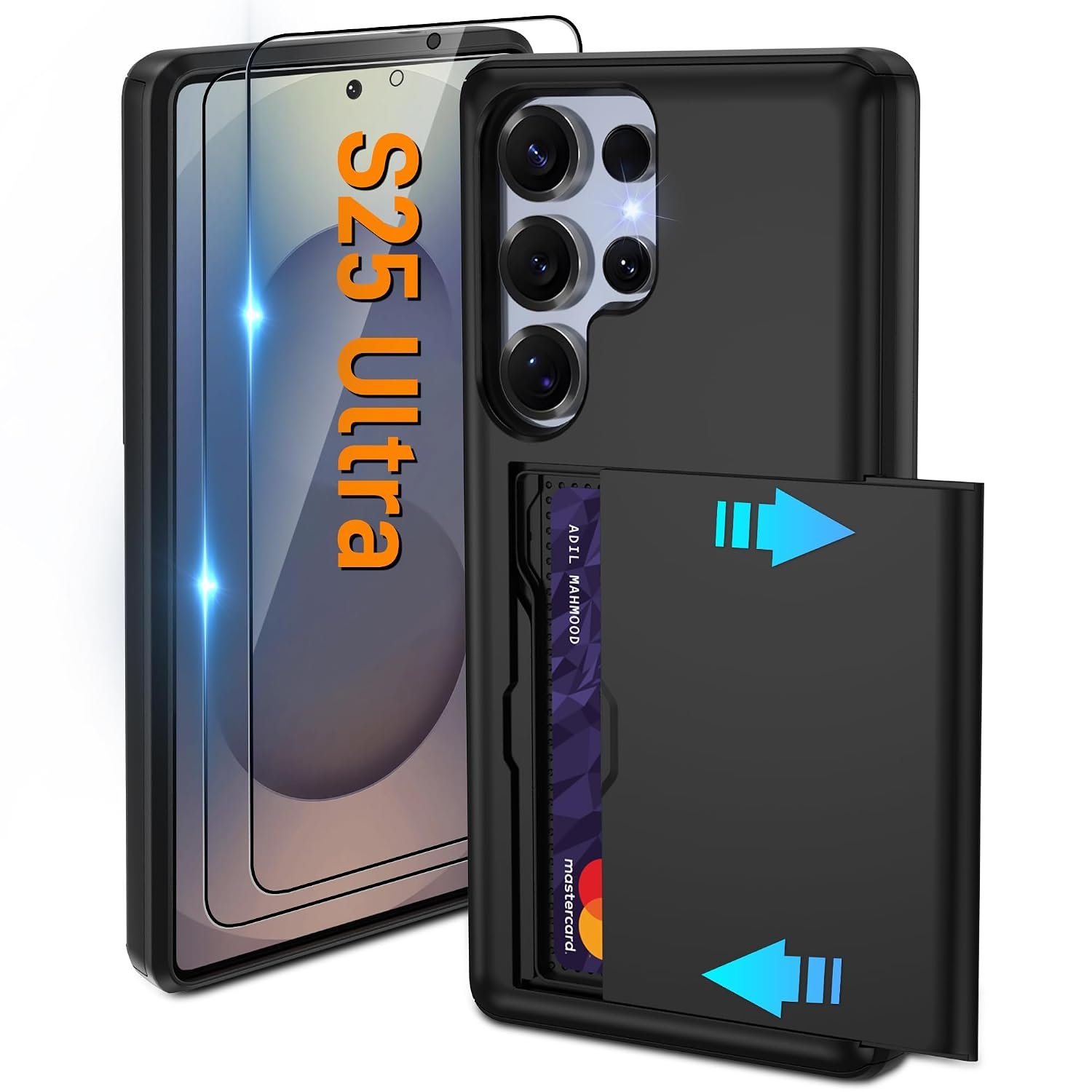 for Samsung Galaxy S25 Ultra Case with Card Holder and (2 Pcs) HD Screen Protector, Slim Heavy Duty Dual Layer Shockproof Design & Hidden Card Slot Wallet Case for Galaxy S25 Ultra-Black