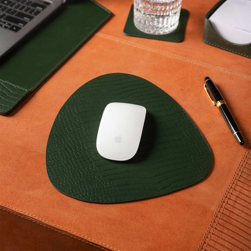 Premium Recycled Leather Mouse Pad for PC | Large Size 25x22cm Mousepad for Laptop Wireless | Handcrafted | Anti-Slip, Anti-Skid, WaterProof | Croco Finish for Home, Office, Gaming, Green