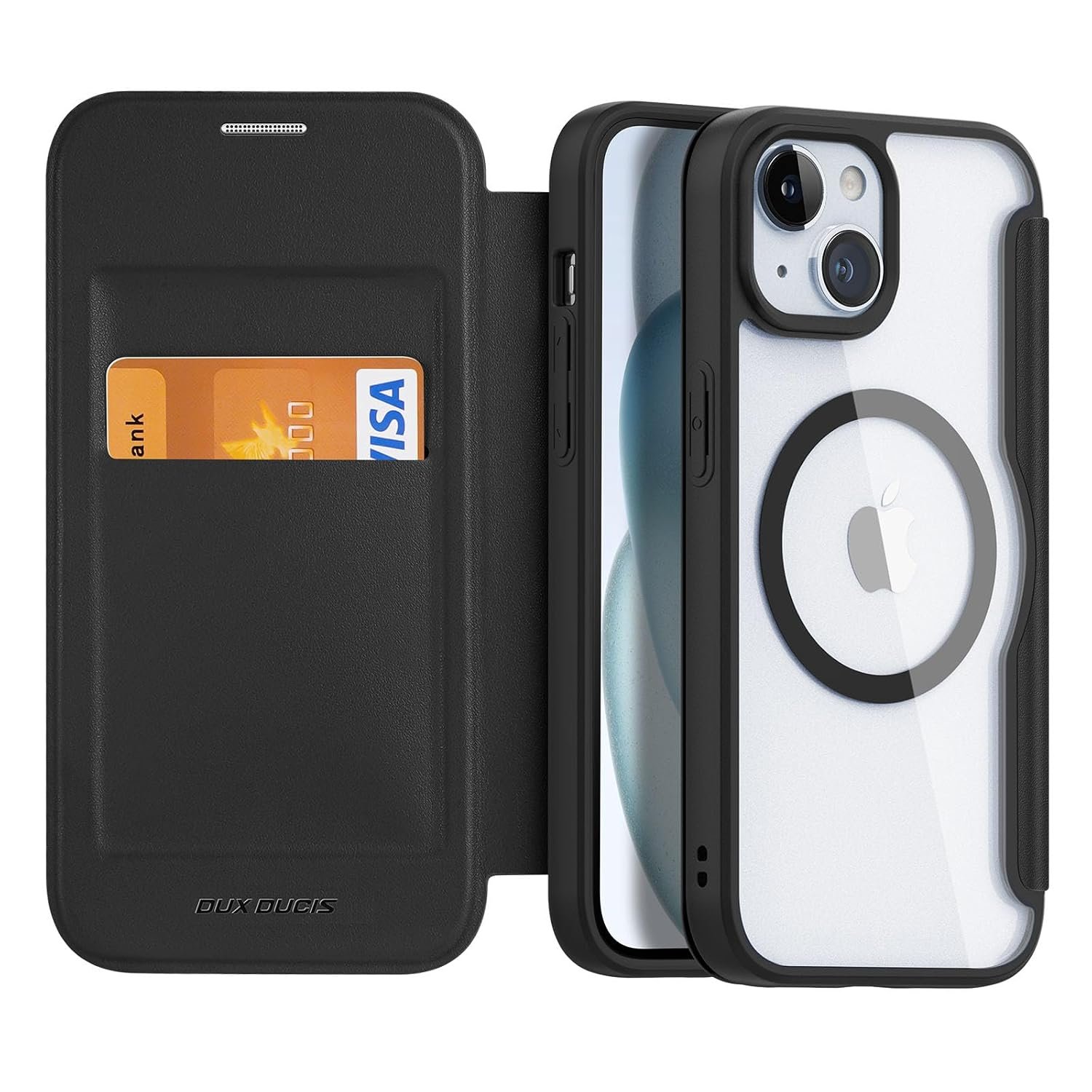 DUX DUCIS Magnetic Case for iPhone 15, [Compatible with MagSafe] Premium Flip Leather Card Holder with RFID Blocking Clear Shockproof Phone Case Cover for Apple iPhone 15 (Black)