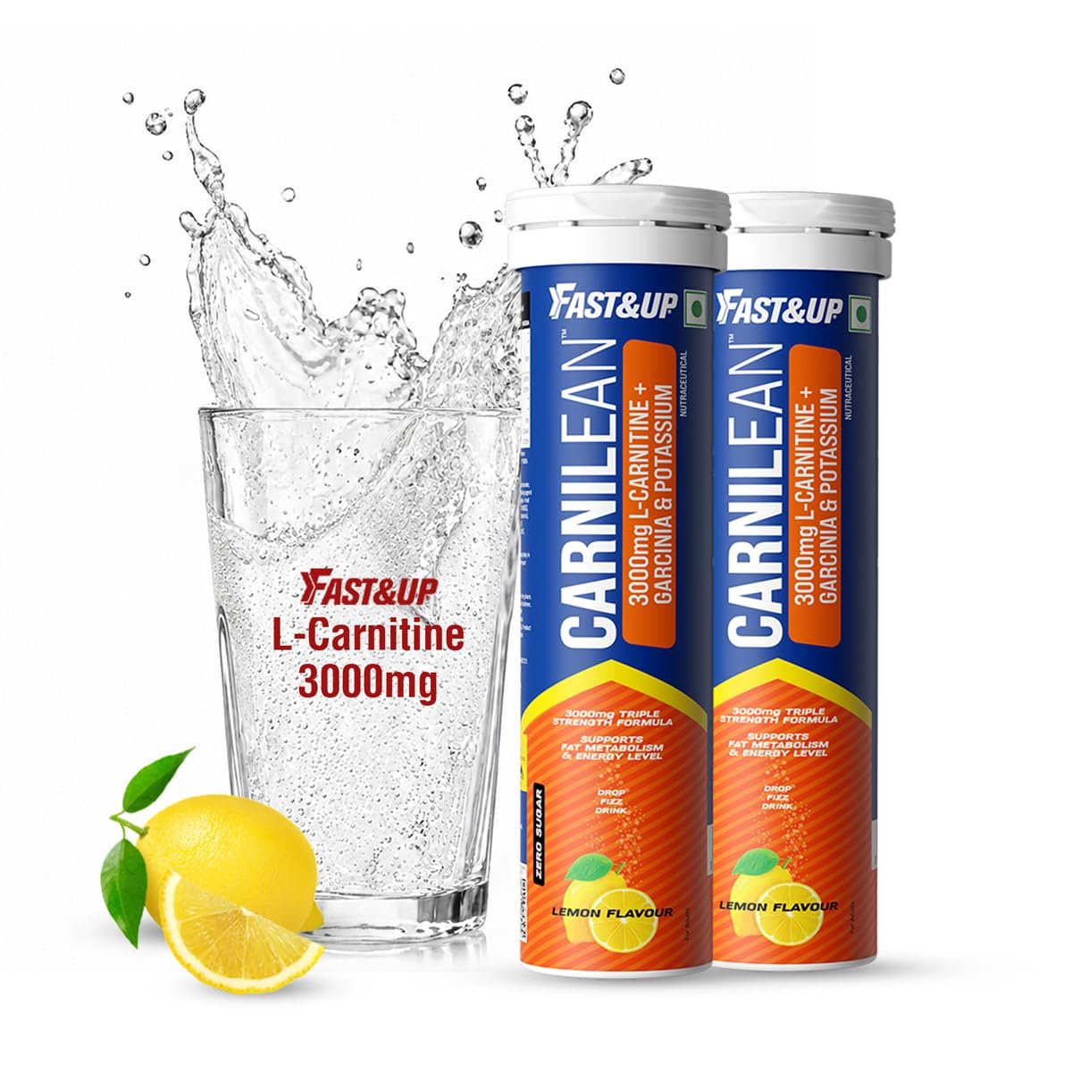 Fast&Up L Carnitine Tartrate 3000mg Effervescent Tablets | Triple Action L-Carnitine Supplement with Garcinia Cambogia & Potassium | Fat Burner for Weight Loss, Energy & Lean Body | Lemon Flavour, 10 Tabs (Pack of 2)