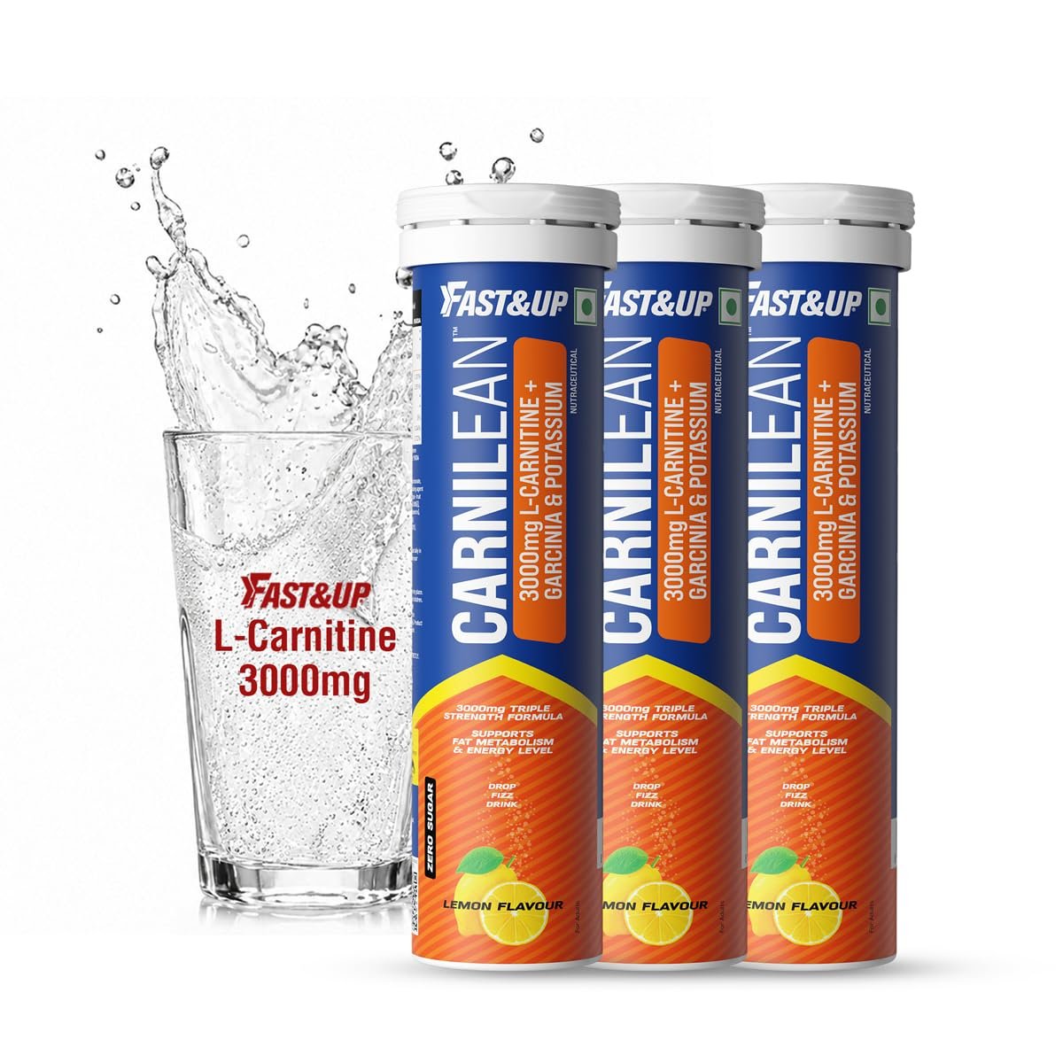 Fast&Up L Carnitine tartrate 3000mg Effervescent Tablets | Triple Action L Carnitine Supplement with Garcinia Cambogia & Potassium | Fat Burner for Weight Loss, Energy & Lean Body | Lemon Flavour, 10 Tabs (Pack of 3)