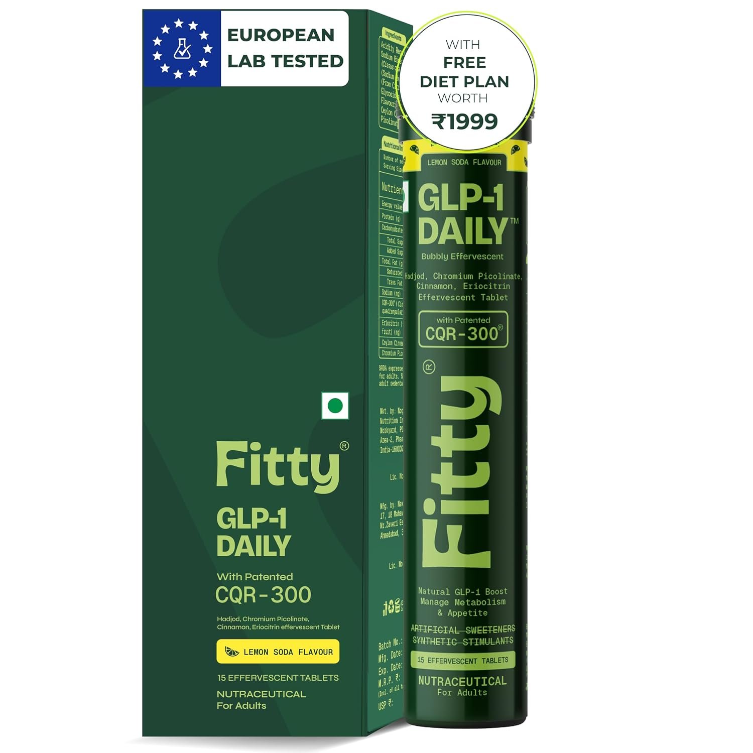 Fitty GLP-1 Daily Fizz for Weight Loss & Fat Burn | Reduces Hunger & Cravings | Supports Natural GLP-1 Response | Boosts Metabolism & Blood Sugar Balance | Natural Effervescent Tablets | Lemon Soda Flavour | Pack of 1 (15 Tablets)