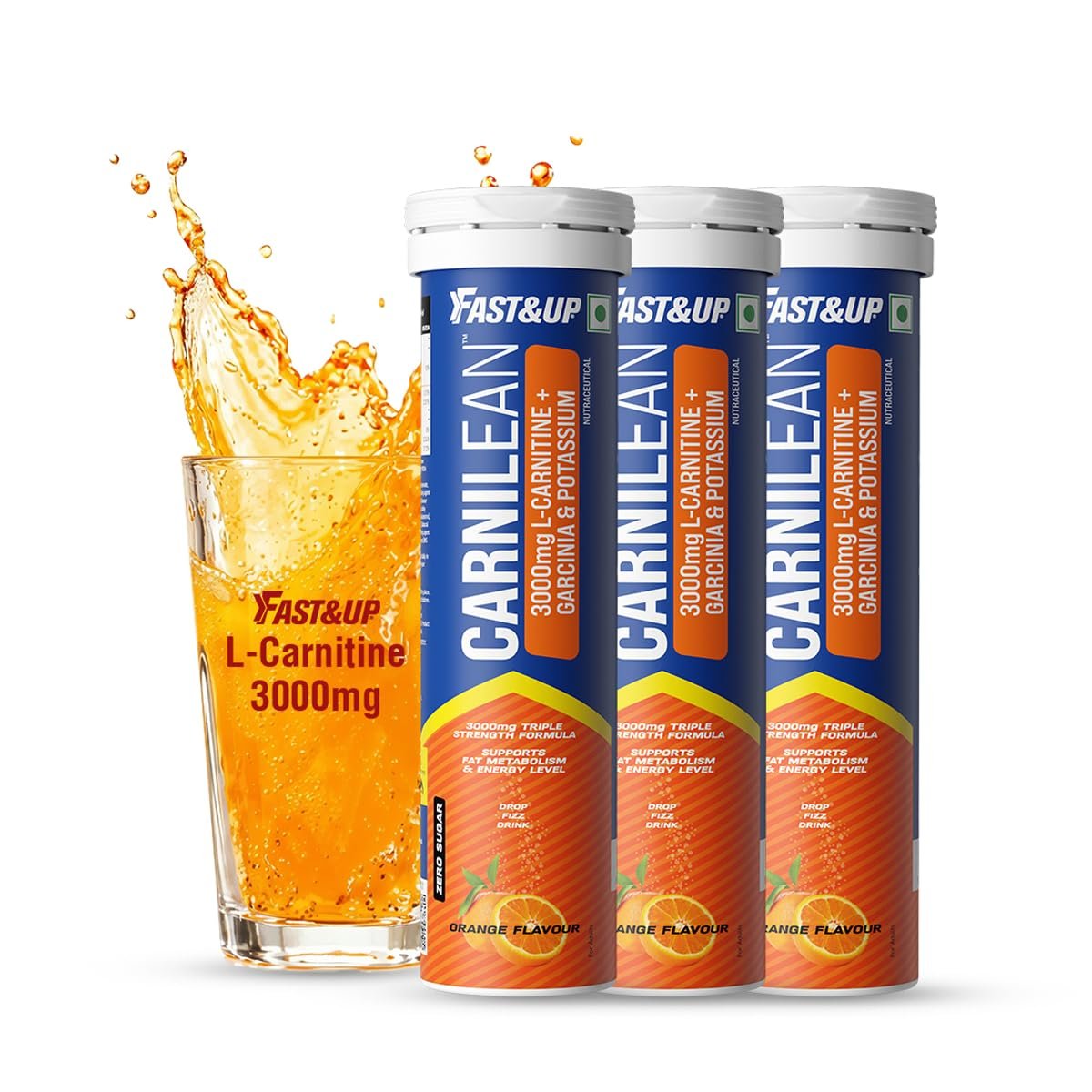 FAST&UP L-CARNITINE 3000 MG - Helps convert fat into energy, ADVANCED TRIPLE ACTION FORMULA, Carnipure™ Carnitine with added Garcinia cambogia and Potassium, Orange Flavour, 10 Count (Pack of 3)