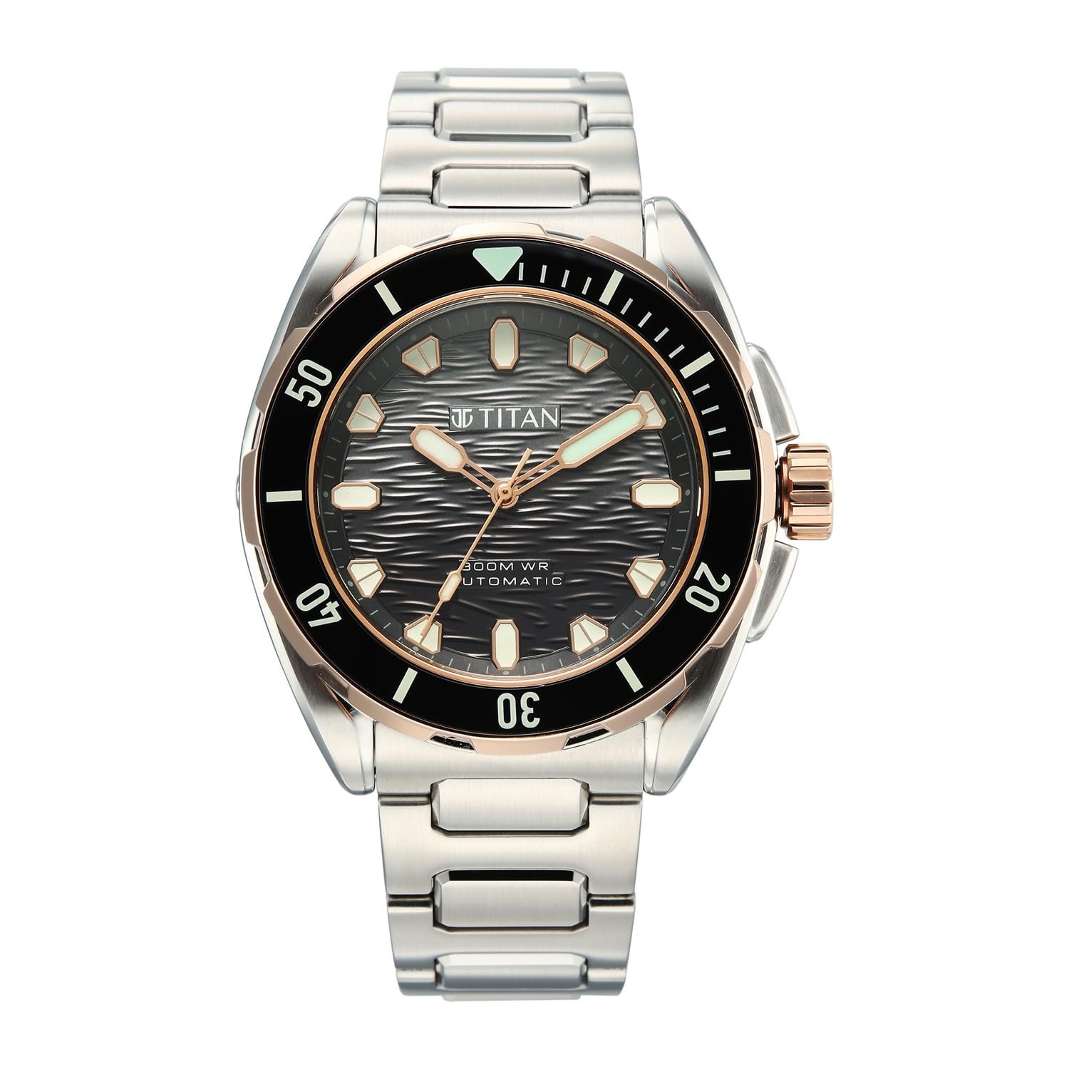 Titan Zero Hour Diver's 300m Automatic Analog with Black Dial Silver Stainless Steel & Black FKM Strap Watch for Men - 10069KM02