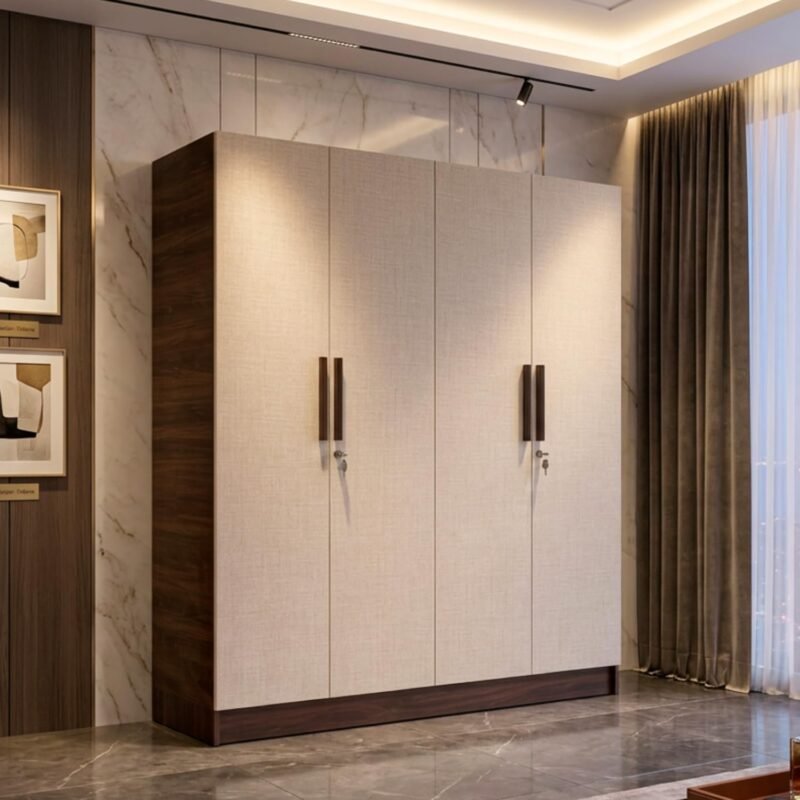 Mosaic 4-Door Wardrobe | Engineered Wood Wooden Almirah for Clothes | Dark Maple & Hazel Cambric | Bedroom Cupboard Storage Closet | 3 -Year Warranty | Free Installation