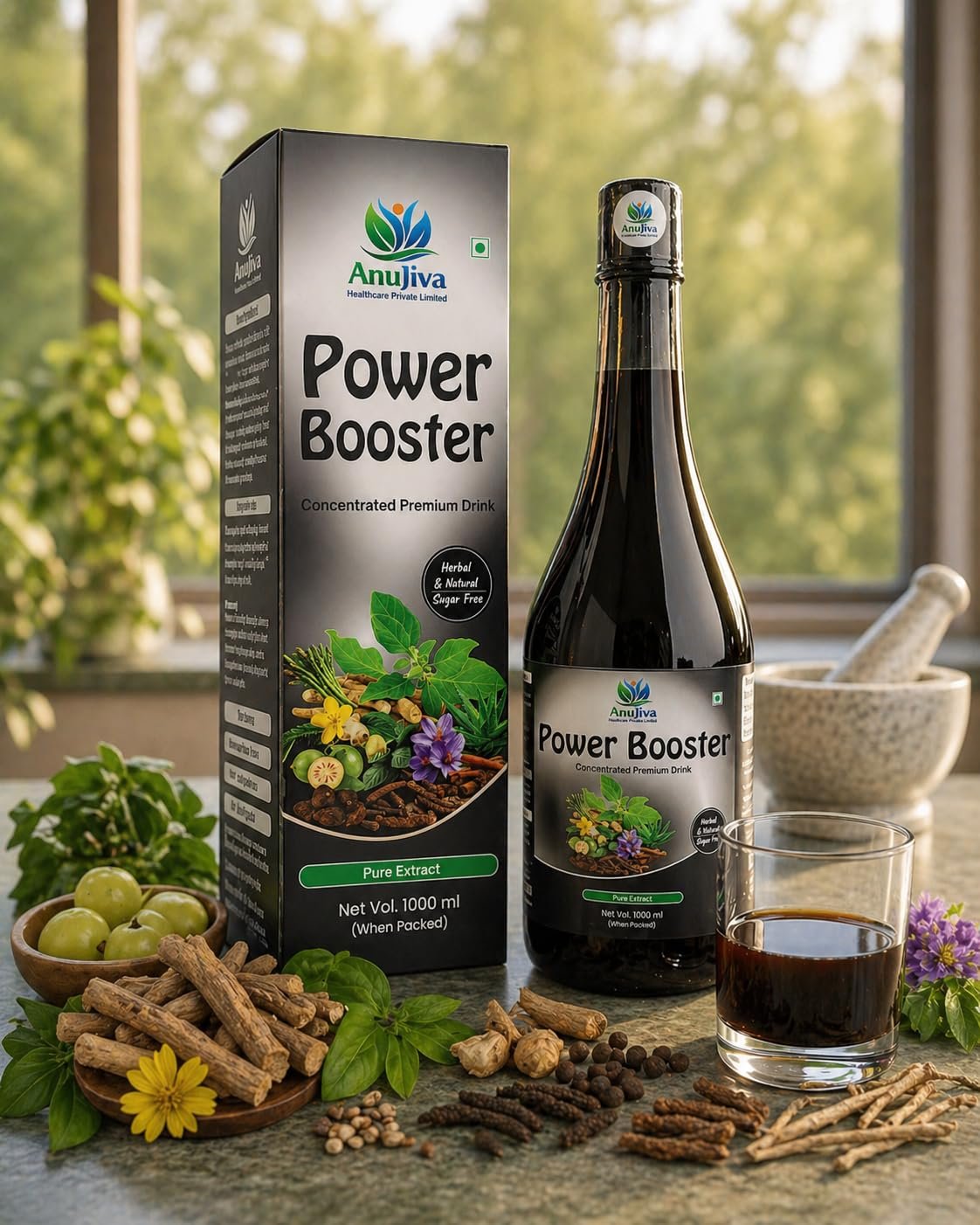 Anujiva Power Booster Herbal Drink | Sugar Free | Energy & Vitality Support | Ayurvedic Concentrated Health Tonic | 1000ml