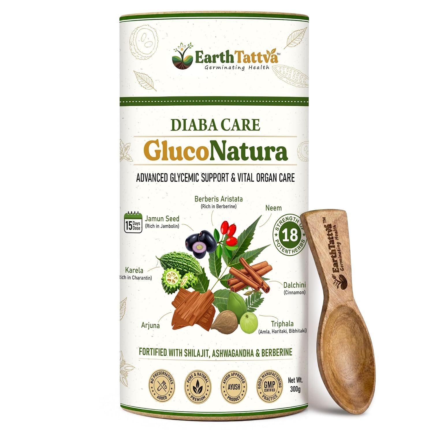 Diaba Care GlucoNatura Ayurvedic Powder 300g | Diabetes Care Supplement | Helps Maintain Healthy Blood Sugar | 18 Herbs with Karela, Jamun, Gurmar, Shilajit & Cinnamon