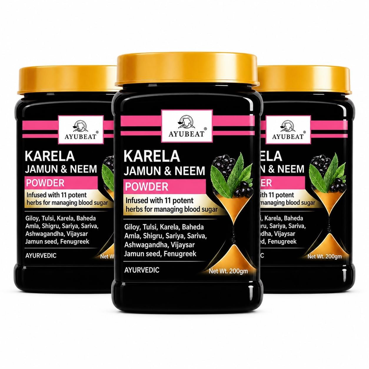 Karela Jamun & Neem Powder (Pack of 1, 200g Each) – Ayurvedic 11 Herb Formula with Giloy, Amla, Vijaysar & Fenugreek for Daily Sugar Balance, Metabolism & Digestive Wellness (Pack of 3)