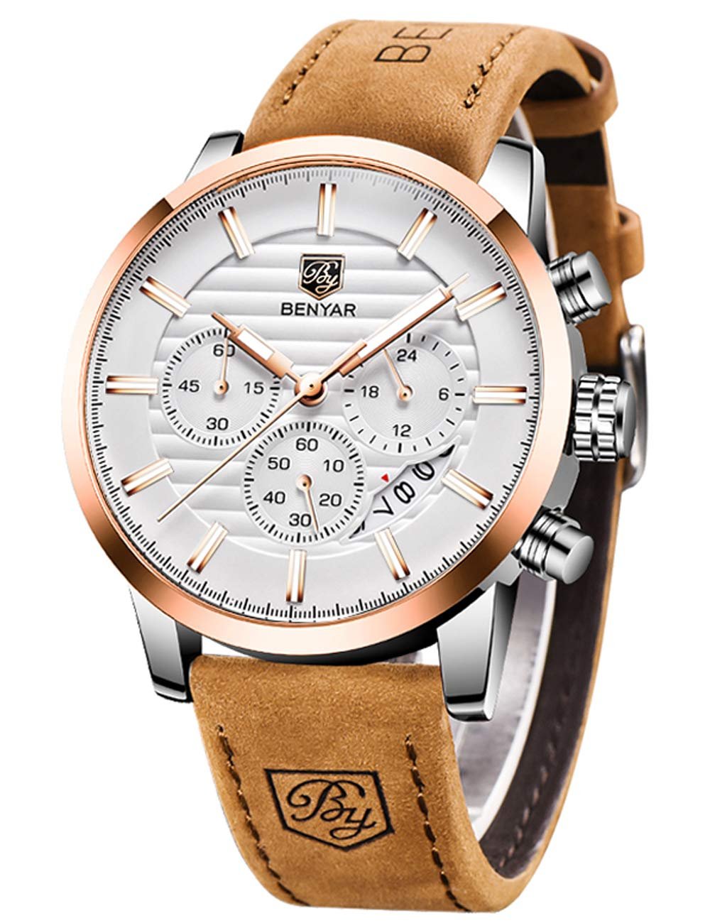 BENYAR Quartz Chronograph Waterproof White Dial Business and Sport Design Leather Band Strap Men's Wrist Watch