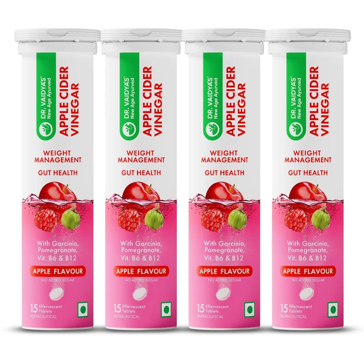 Dr. Vaidya's Apple Cider Vinegar (ACV) Effervescent Tablets with Garcinia, Pomegranate, Vitamin B6 & B12 | Supports Weight Management, Metabolism, Digestion & Gut Health | Tasty Apple Flavour | 15 Tablets per Pack , Pack of 4