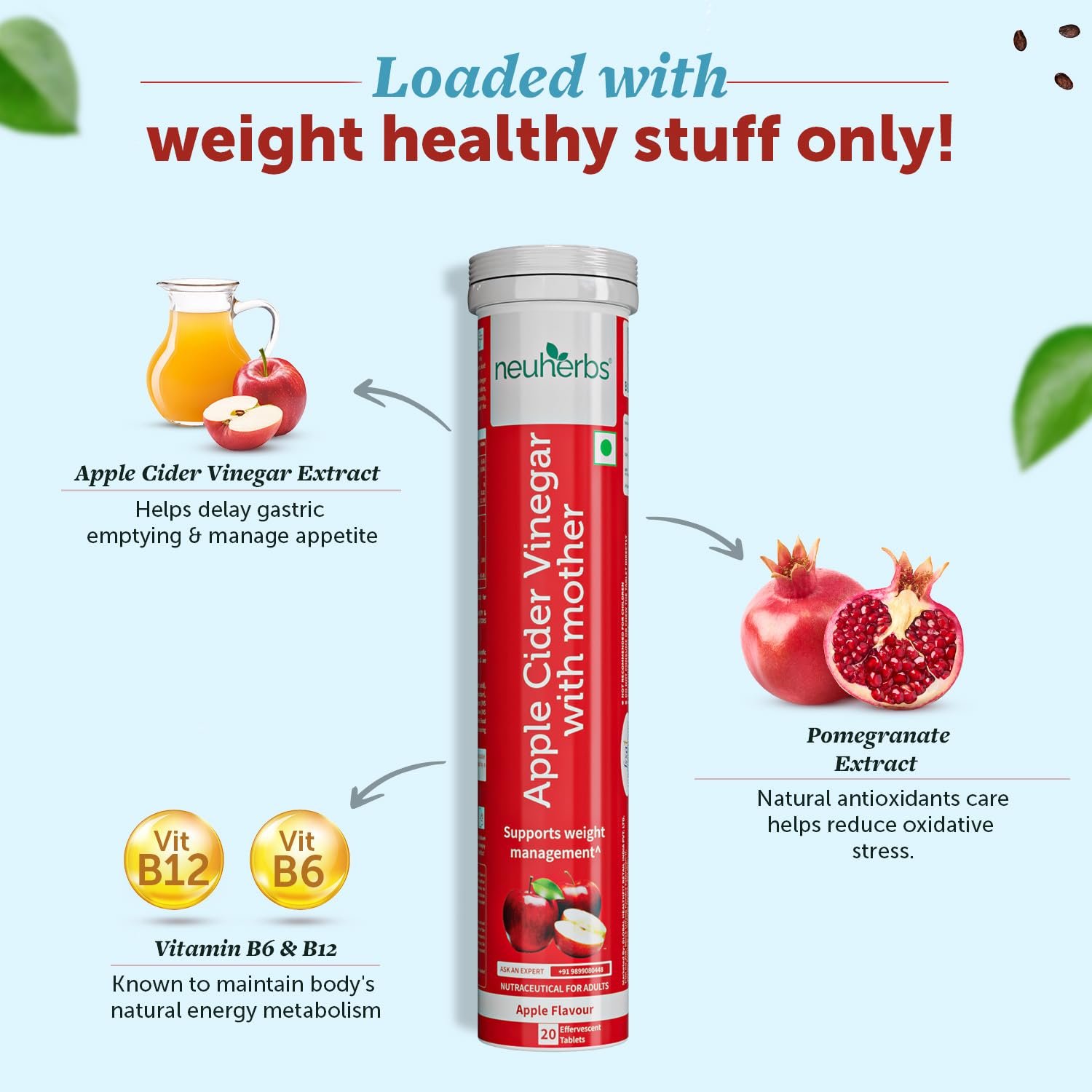 Neuherbs Apple Cider Vinegar with Mother Effervescent Tablet | Weight Loss Supplement with Vitamin B6 & B12 | Zero Added Sugar | Easy To Carry & Consume | For Men & Women | 20 Tablets, Apple Flavour