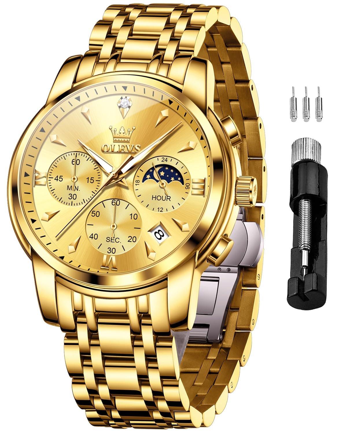 OLEVS Watches for Men Original Chronograph Luxury Business Analog Quartz Watch Waterproof Moon Phase Stainsteel Steel Diamond Mens Watch