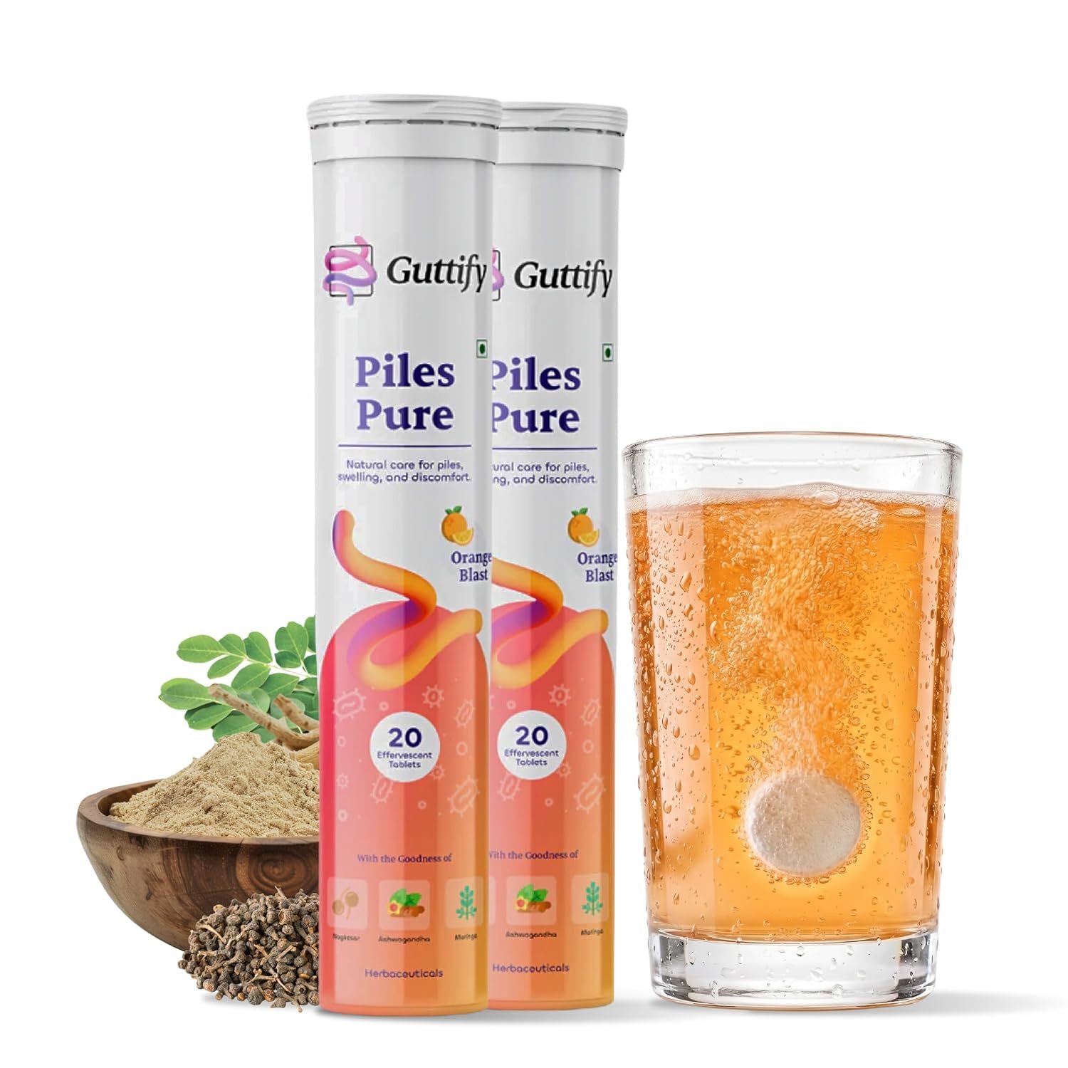 Piles Pure Orange Blast Effervescent Tablets with Nagkesar, Ashwagandha and Moringa for Piles Relief, Hemorrhoid Comfort, Swelling Ease, Gut Calmness and Routine Comfort | 20 Tablets x Pack of 2