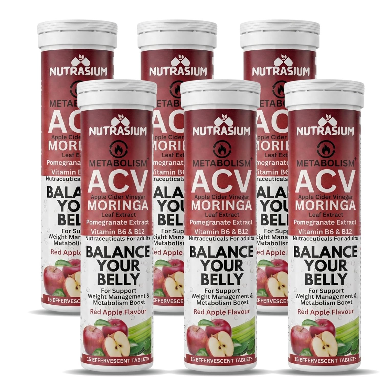 Nutrasium ACV Moringa Metabolism Plus | Apple Cider Vinegar Effervescent Tablet | For Supports Weight Loss, Control Cravings, Convert Fat Into Energy, Boost Energy & Immunity | 90 Tablets Red Apple
