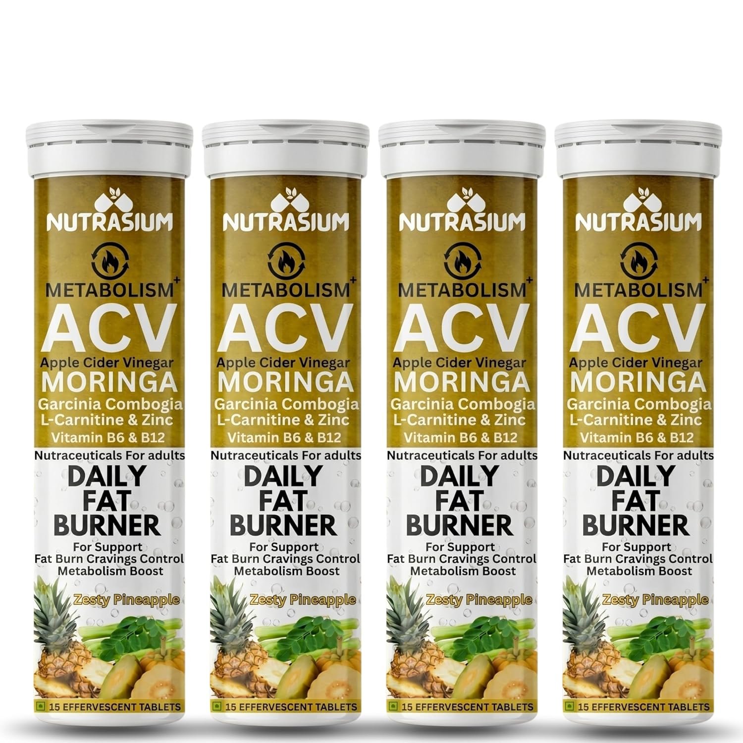 Nutrasium ACV Moringa Metabolism Plus | Apple Cider Vinegar Effervescent Tablet | Added L-Carnitine & Garcinia Combogia Extract | For Supports Weight Loss, Control Cravings, Convert Fat Into Energy, Boost Energy & Immunity | 60 Tablets Pineapple