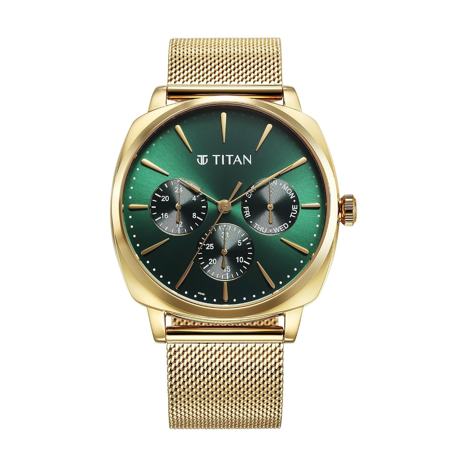 Titan Classique Suave Quartz Green Dial Golden Stainless Steel Mesh Strap Analog Watch for Men-90189YM01/NT90189YM01