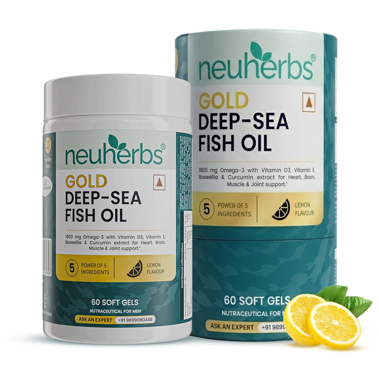 Neuherbs Gold Deep Sea 6X Omega 3 Fish Oil Capsules - 60 Softgels | EPA - 1080mg & DHA - 720mg | Vitamin E & D3 For Muscle, Brain & Joints Support | Lemon Flavour | No Fishy Burps|