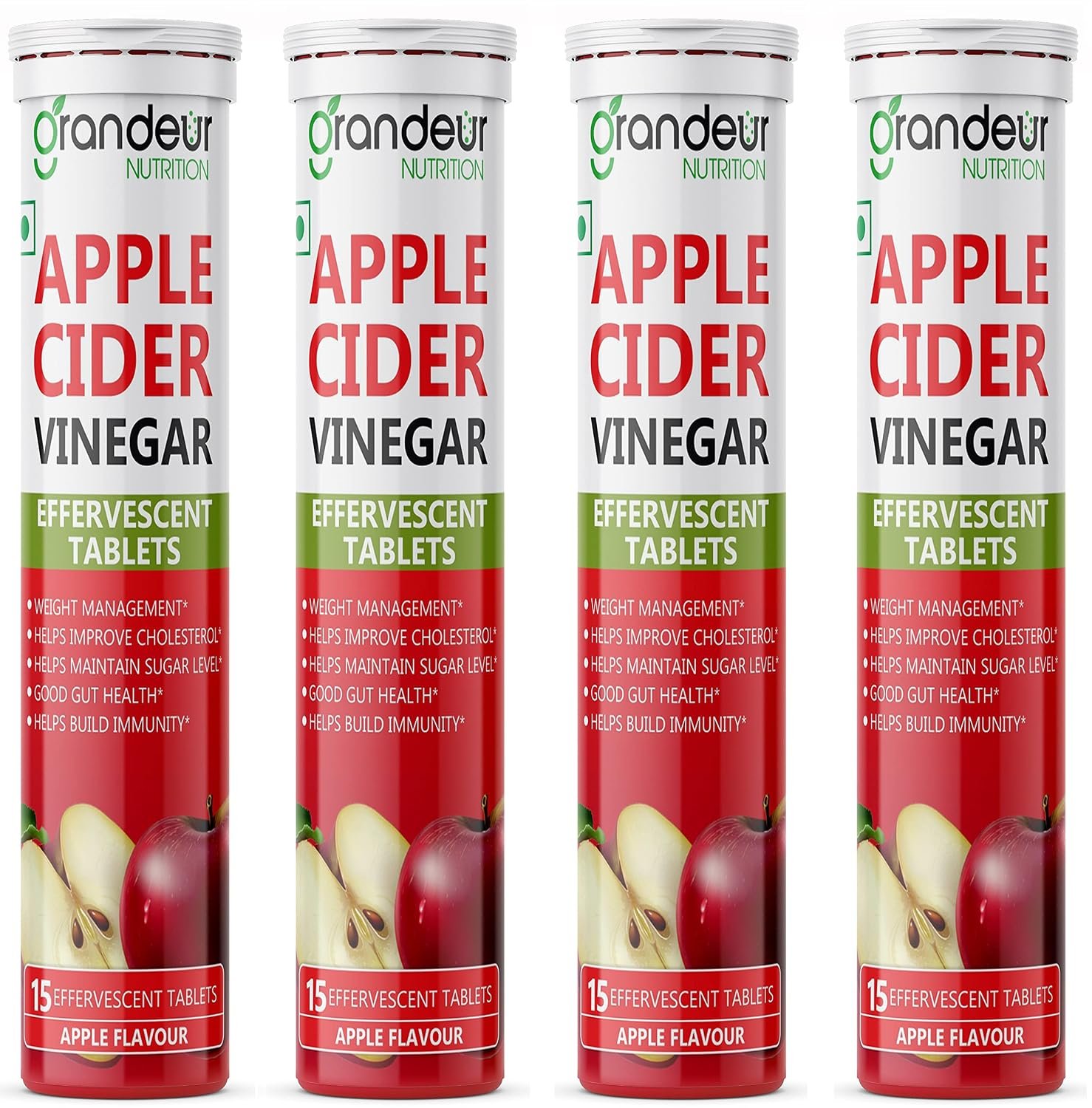 GRANDEUR The Plant Based Apple Cider Vinegar Tablets For Weight Management, Easy Disgestion, Acv For Weight Management With Pomegranate Extract, Vit B6, B12 - Pack Of 4, 4 count, 15 capsules
