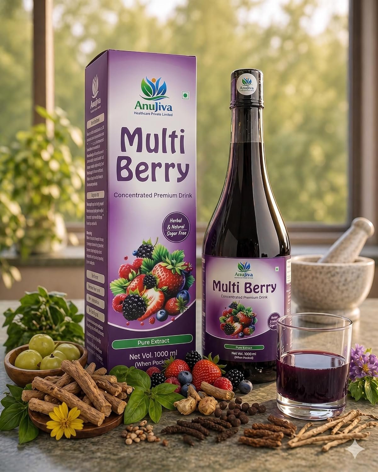 Anujiva Multi Berry Concentrated Premium Drink | Herbal & Natural | Sugar Free | Immunity Booster | Antioxidant Rich | 1000 ml
