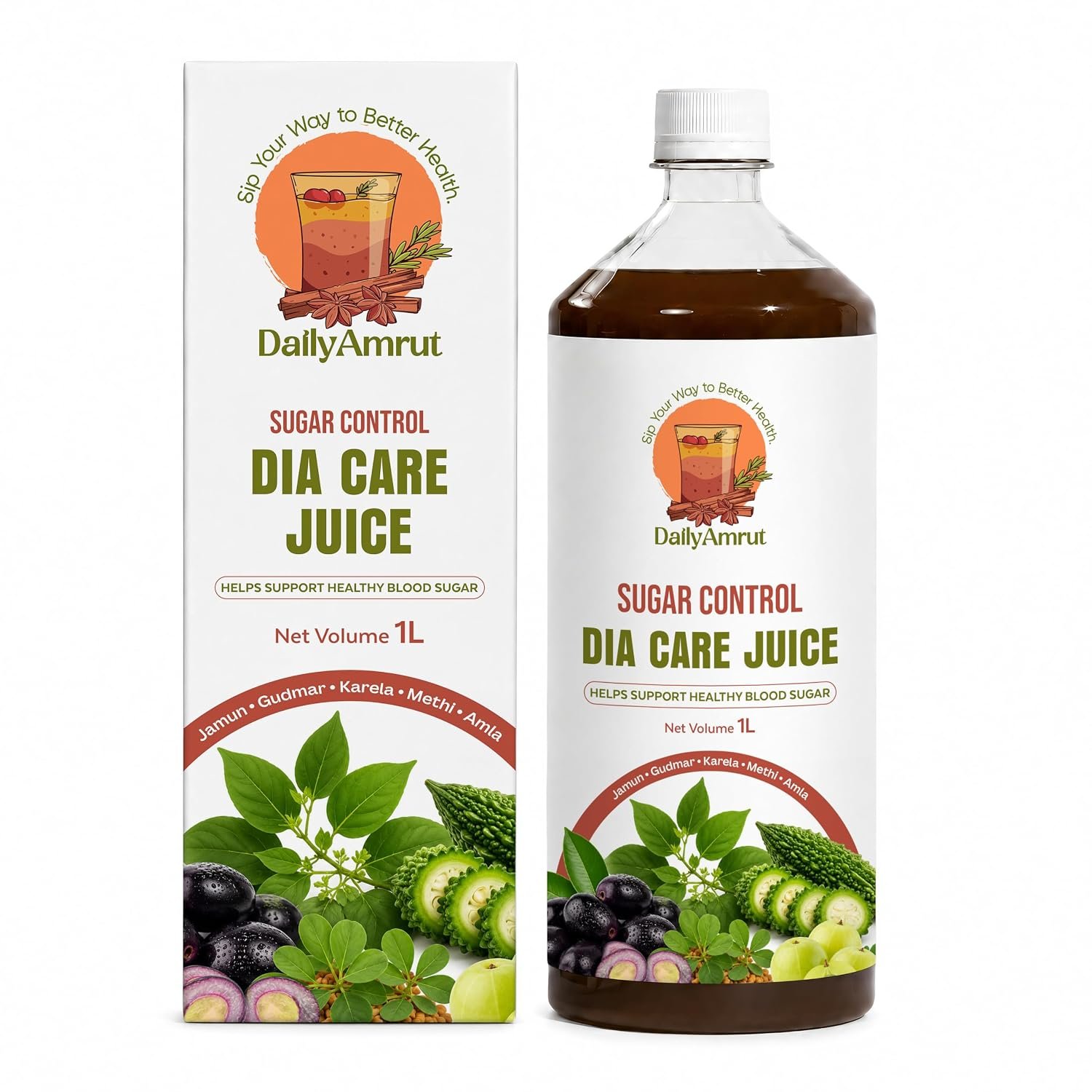 Daily Amrut Herbal DIA Care Juice | Premium Ayurvedic Sugar Control Juice Blend with Jamun, Gudmar, Karela, Giloy, Tulsi & Cinnamon | Natural Herbal Wellness Drink | 1 Litre