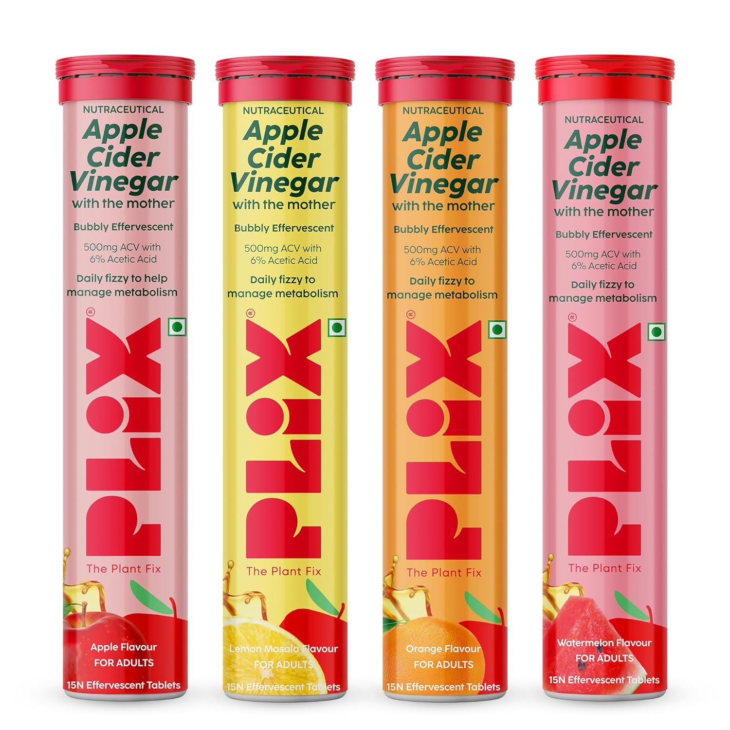 THE PLANT FIX Apple Cider Vinegar Effervescent Tablet with mother | Supports Metabolism & Appetite Control I With 500mg ACV, Vit B6 & B12 I No Maltodextrin, No Added Sugar I Pack of 4 (60 tablets)