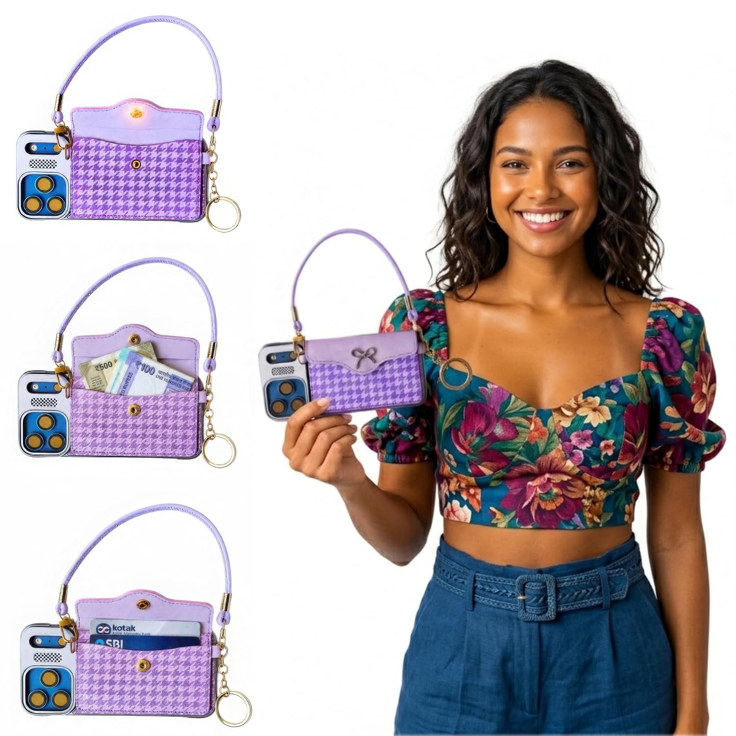 I Phone 17 Pro Max Cover Case Wallet Crossbody, Mini Bag Design I Phone 17 Cover with Card Holder Strap Protective Purse | Purple