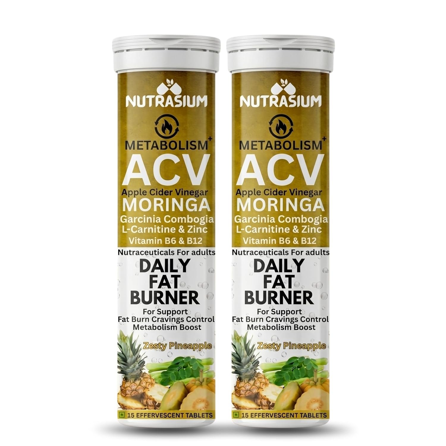 Nutrasium ACV Moringa Metabolism Plus | Apple Cider Vinegar Effervescent Tablet | For Supports Weight Loss, Control Cravings, Convert Fat Into Energy, Boost Energy & Immunity | 30 Tablets Pineapple
