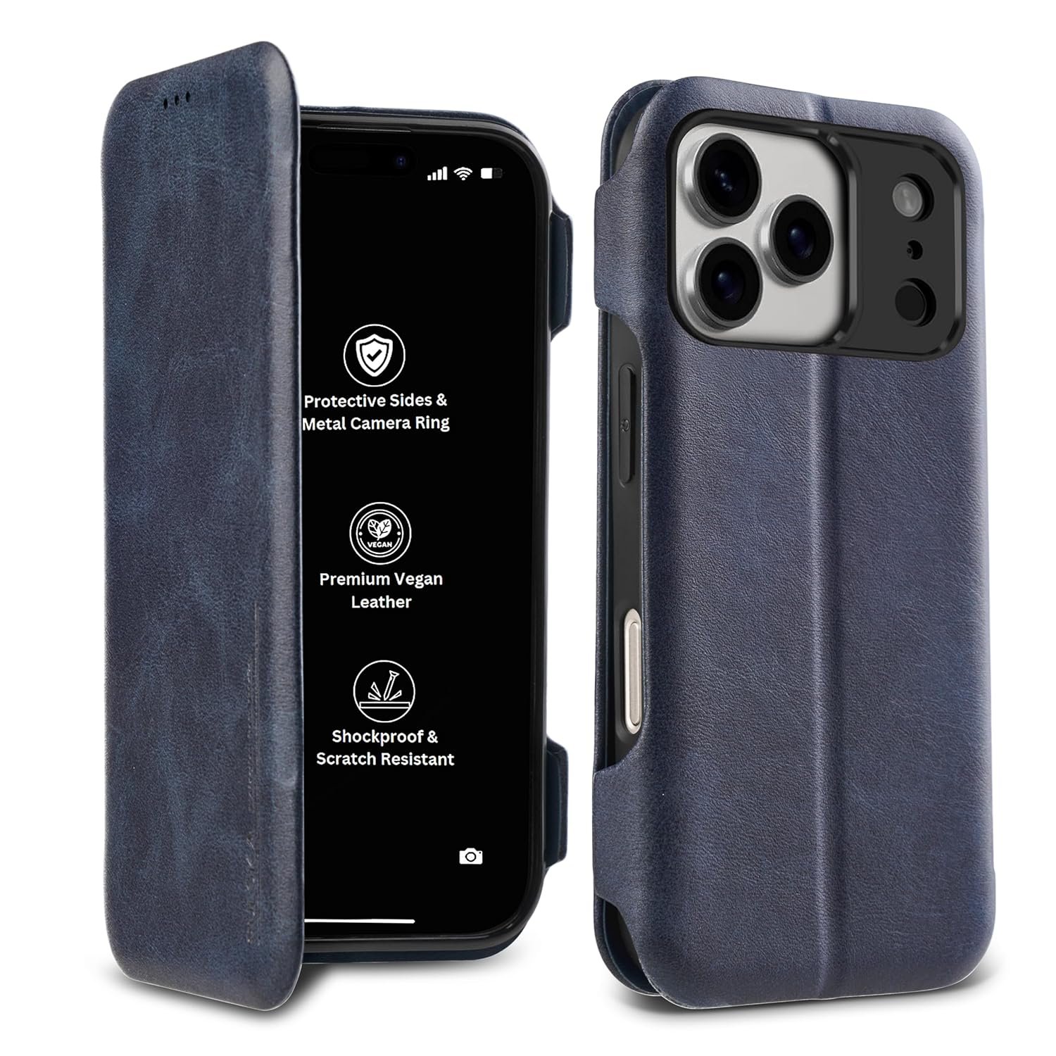 PULOKA Premium Leather Flip Cover Compatible with iPhone 17 Pro Max – Slim Magnetic Lock Wallet Case with Card Slot, Shockproof TPU Inner, Full Body Protection & Raised Camera Guard (Blue)