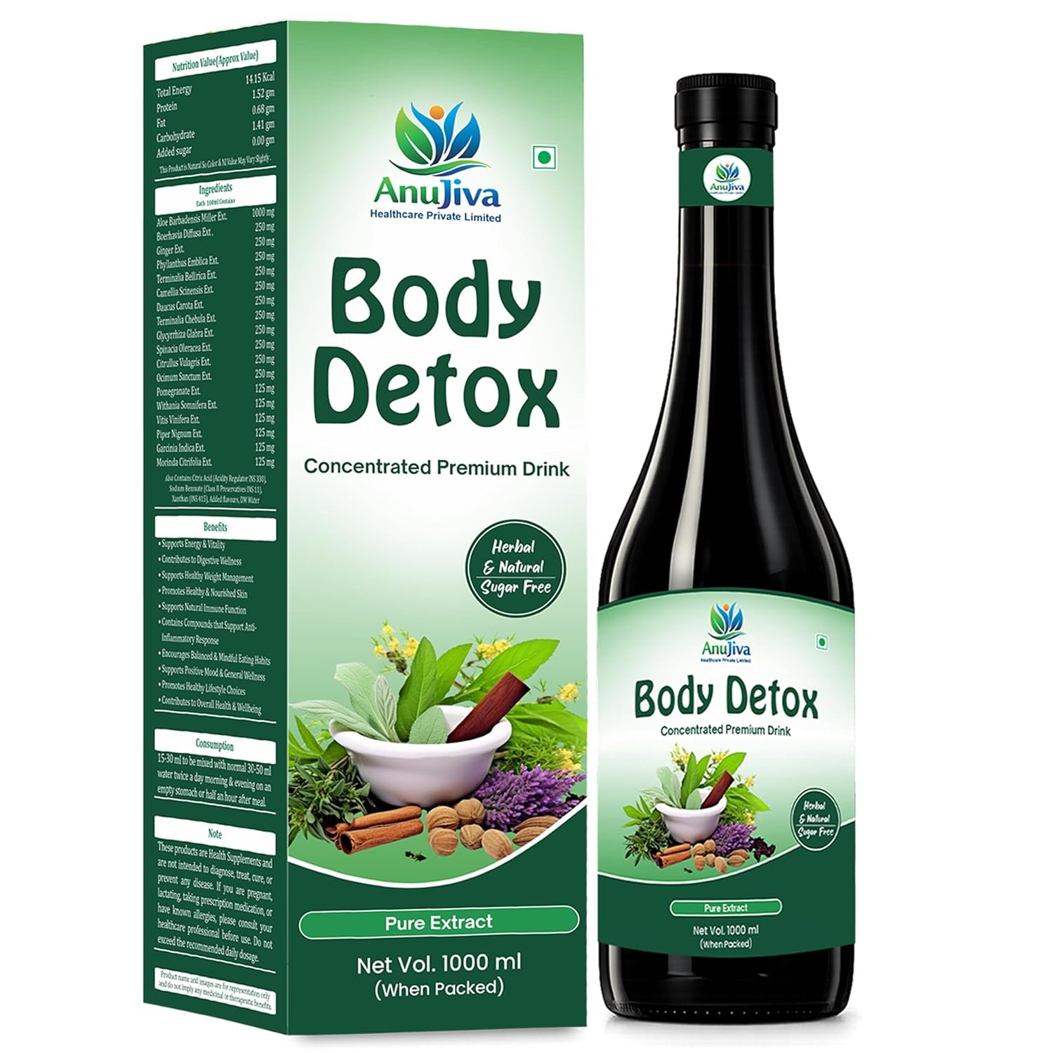 Anujiva Body Detox Juice | Premium Herbal & Natural Detox Drink with Aloe Vera, Triphala, Noni & Ashwagandha | Supports Digestion, Immunity, Skin Glow & Healthy Weight Management | No Added Sugar Tonic | 1000mL