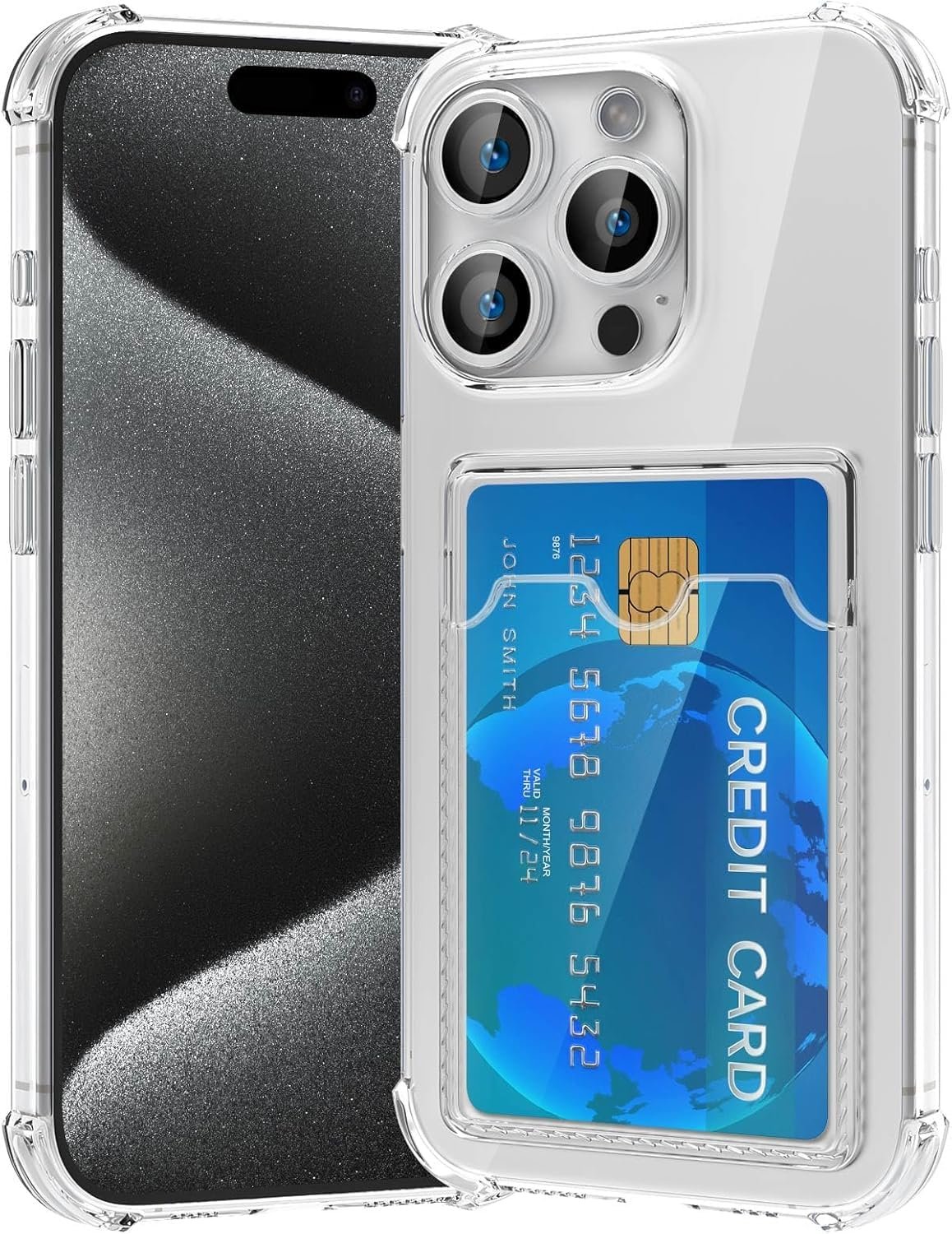 Amazon Basics Premium Shockproof Transparent TPU Back Case Cover with Built-in Slim Card Holder Wallet for Apple iPhone 15 Pro - Clear