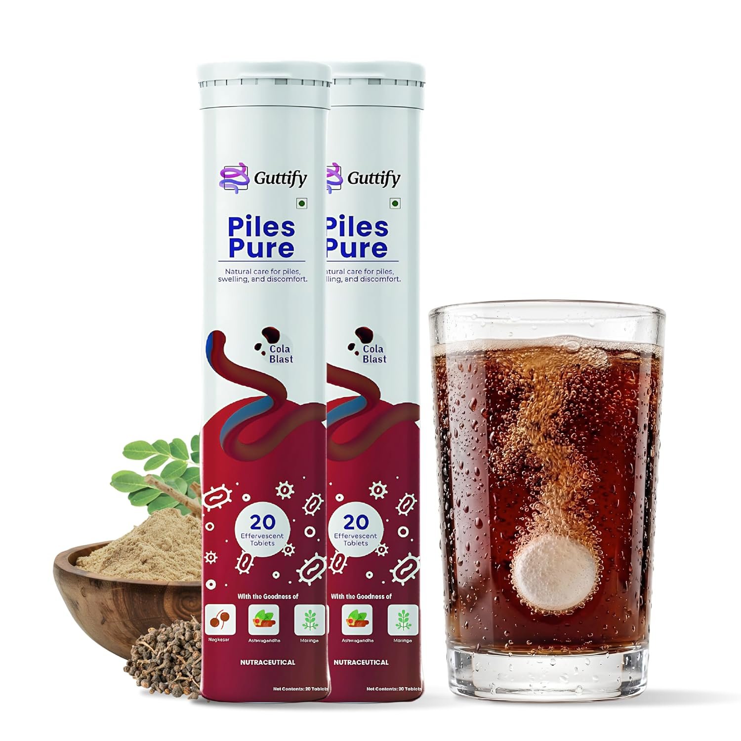 Piles Pure Cola Blast Effervescent Tablets with Nagkesar, Ashwagandha and Moringa for Piles Relief, Hemorrhoid Comfort, Swelling Ease, Gut Calmness and Routine Comfort | 20 Tablets x Pack of 2