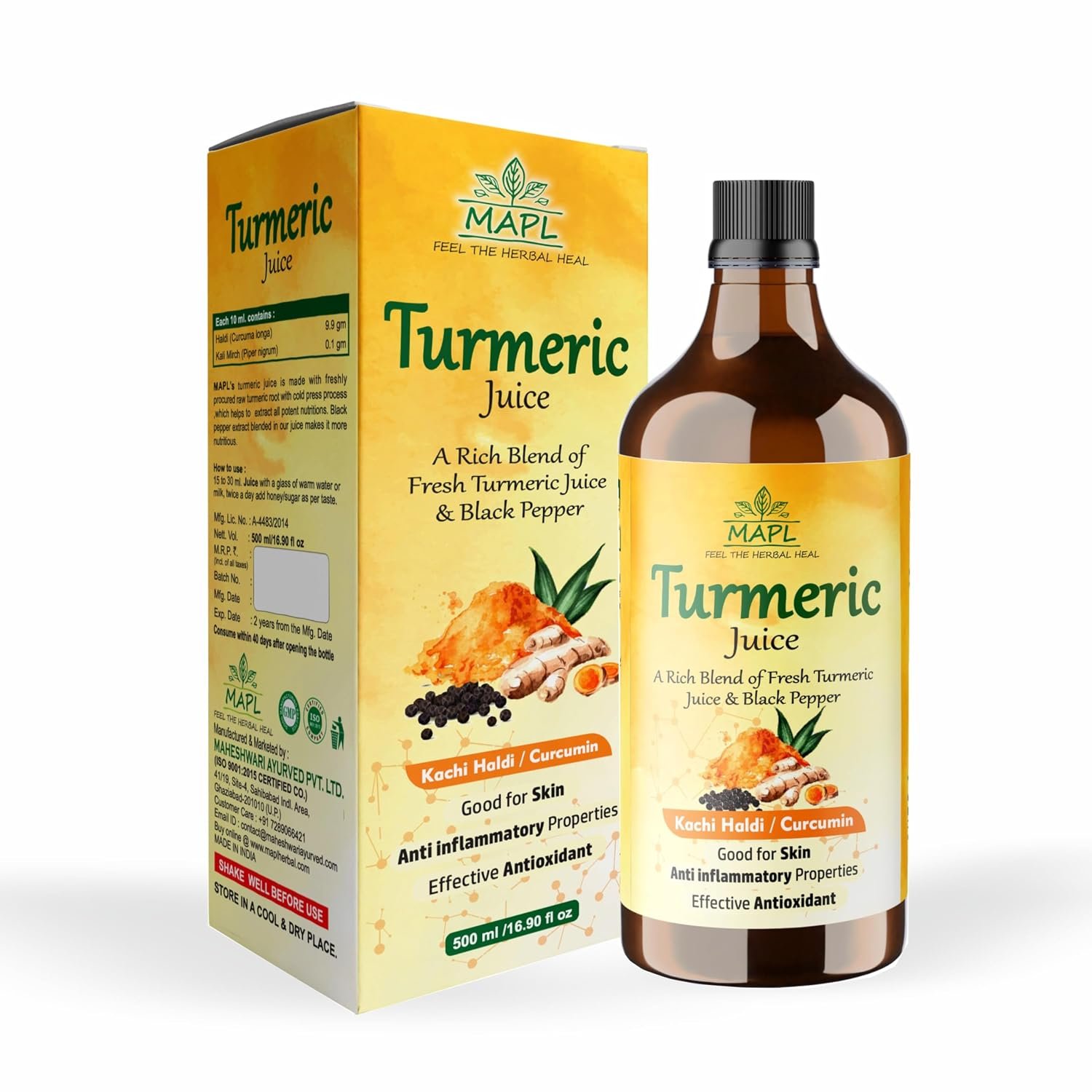 MAPL Turmeric Juice with Kachi Haldi, Natural Curcumin & Piperine | Cold Pressed Ayurvedic Wellness Drink | Supports Immunity, Digestion & Daily Wellness | No Added Sugar 500 ML(Pack of 1)