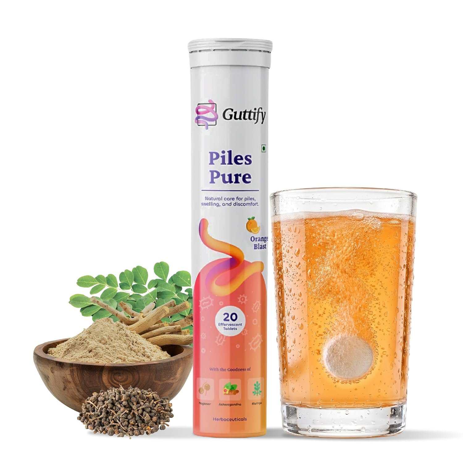 Piles Pure Orange Blast Effervescent Tablets with Nagkesar, Ashwagandha and Moringa for Piles Relief, Hemorrhoid Comfort, Swelling Ease, Gut Calmness and Routine Comfort | 20 Tablets