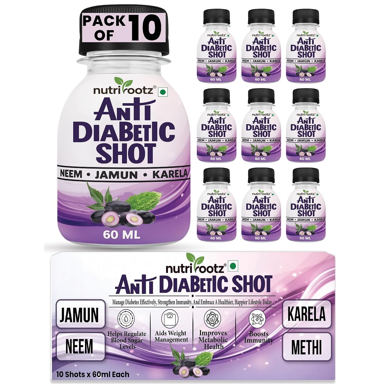 ANTI DIABETIC SHOT 60ML (PACK OF 10) | Manage Blood Sugar Level with Neem, Karela, Jamun, Methi & Bhui Amla | Ayurvedic Diabetic Care | Diabetic Care Supplement | Dia Free Juice For Diabetis