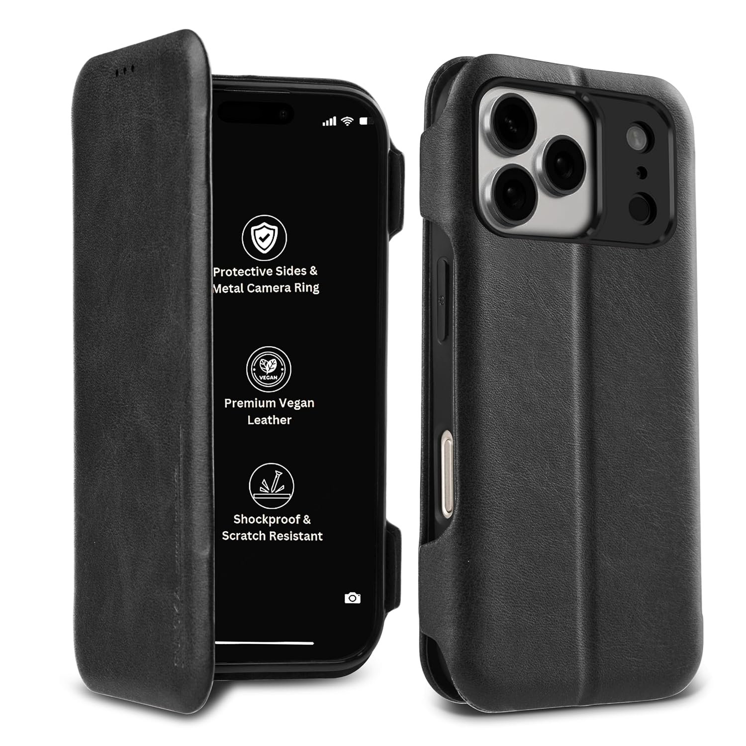 PULOKA Premium PU Leather Flip Cover Compatible with Apple iPhone 17 Pro – Slim Wallet Case with Card Slot, Magnetic Closure, Kickstand Stand Function & Full Body Protection (Black)