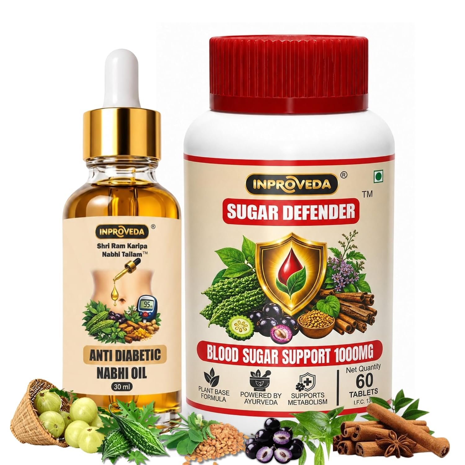 Anti Diabetic Nabhi Oil & Sugar Defender Tablets 1000mg for Blood Sugar Management | For Sugar Support, Control sugar Cravings | Ayurvedic Navel Therapy for Multi Benefit Oil for Daily Wellness & Nabhi therapy for Overnight Treatment | नाभि तेल | Pack of 1 x 30ml=30ml