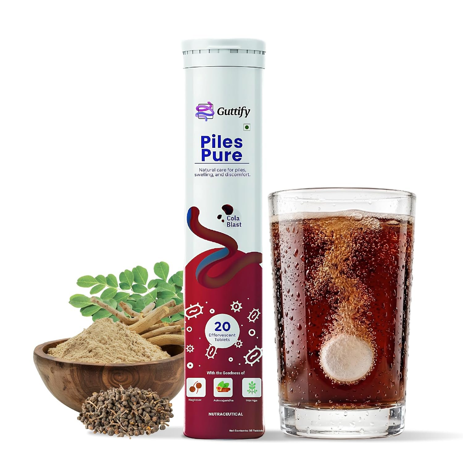 Piles Pure Cola Blast Effervescent Tablets with Nagkesar, Ashwagandha and Moringa for Piles Relief, Hemorrhoid Comfort, Swelling Ease, Gut Calmness and Routine Comfort | 20 Tablets