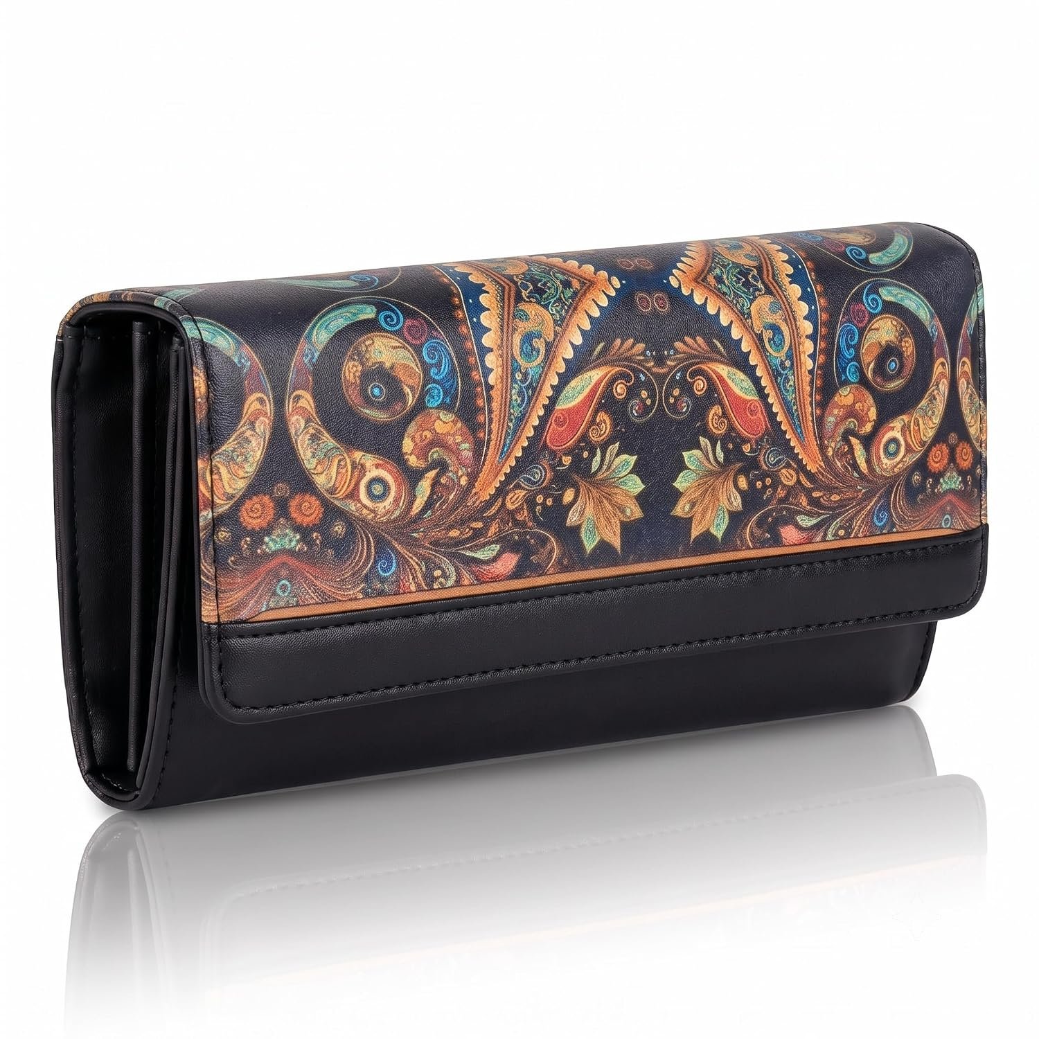 Wallet for Women Girls Stylish Latest Printed Faux Leather with Phone Space Coin Compartment Mobile Storage 4 Card Slots Holder Cash Zip Pockets Hand Clutch for Daily Use Ladies Long Purse (Black)